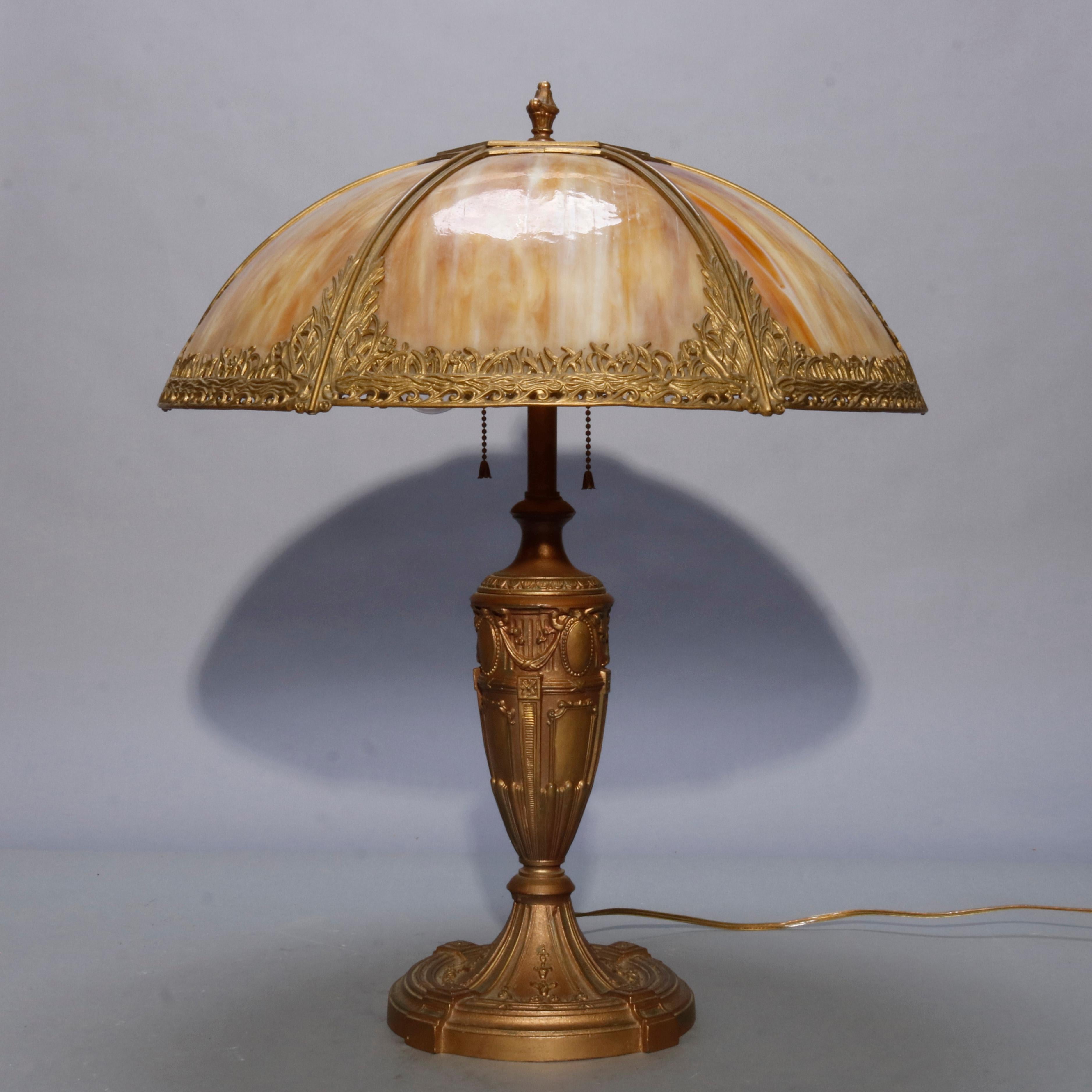 20th Century Antique Bradley & Hubbard School Arts & Crafts Slag Glass Lamp, circa 1920