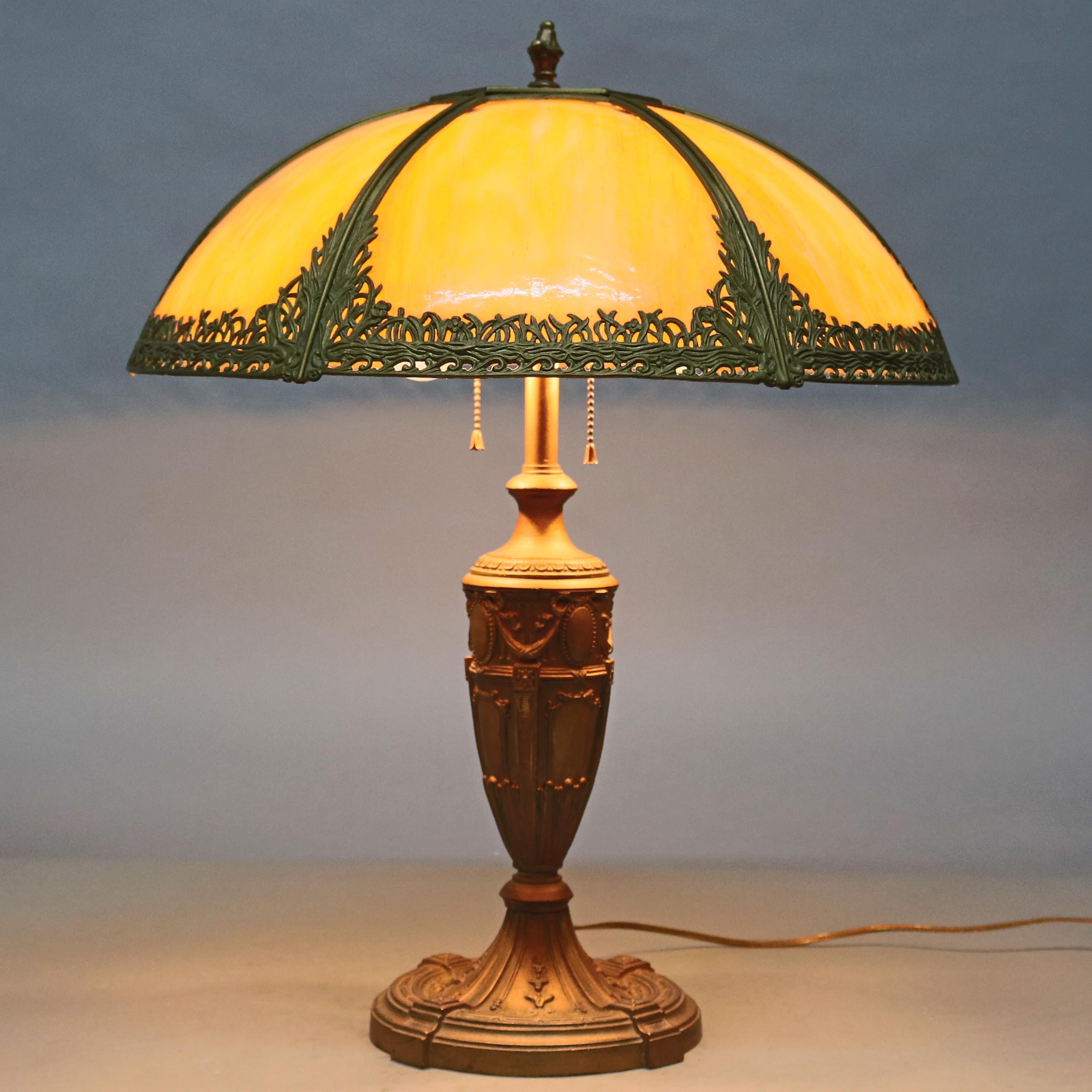 Metal Antique Bradley & Hubbard School Arts & Crafts Slag Glass Lamp, circa 1920