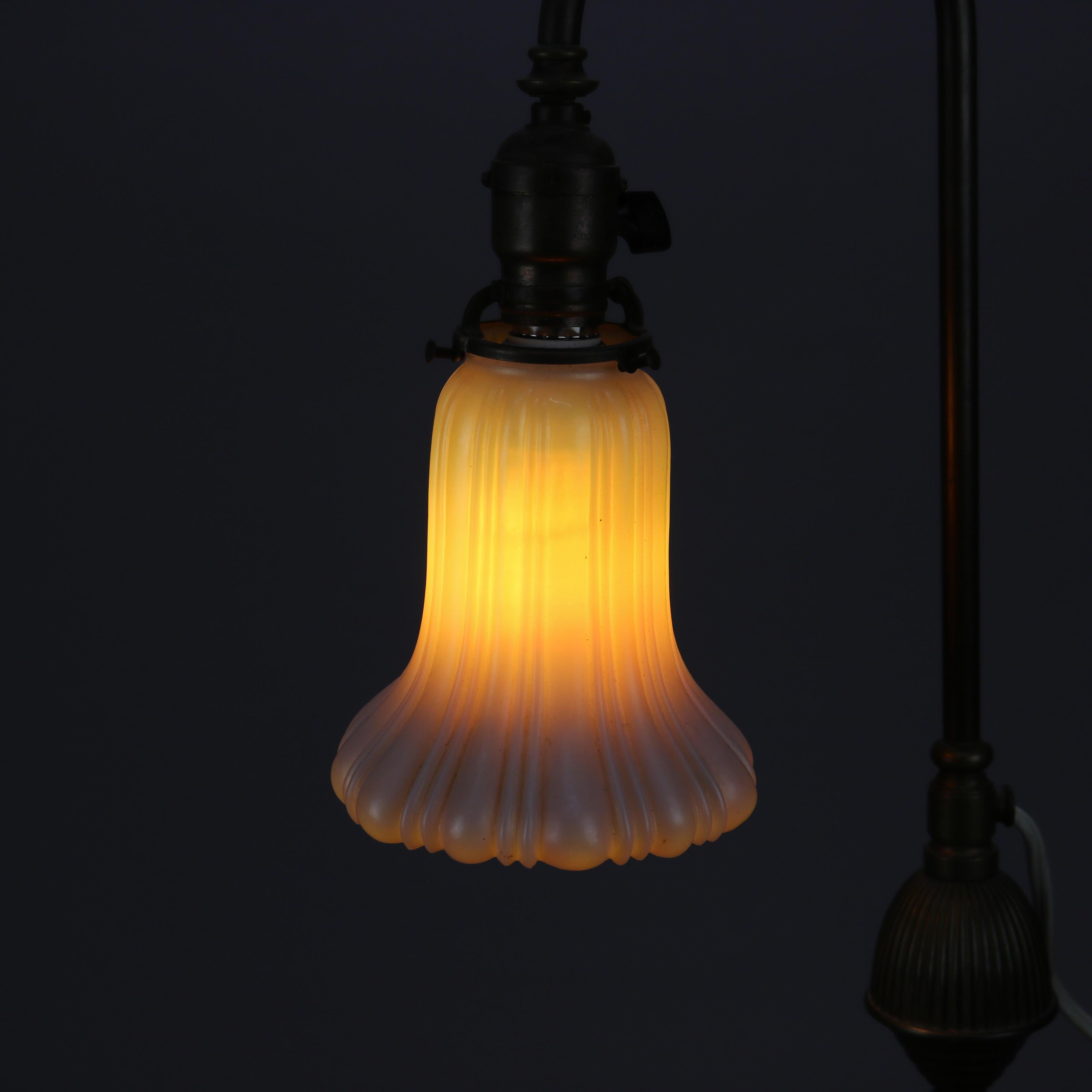 American Antique Bradley & Hubbard School Brass Desk Lamp with Calcite Shade Circa 1910