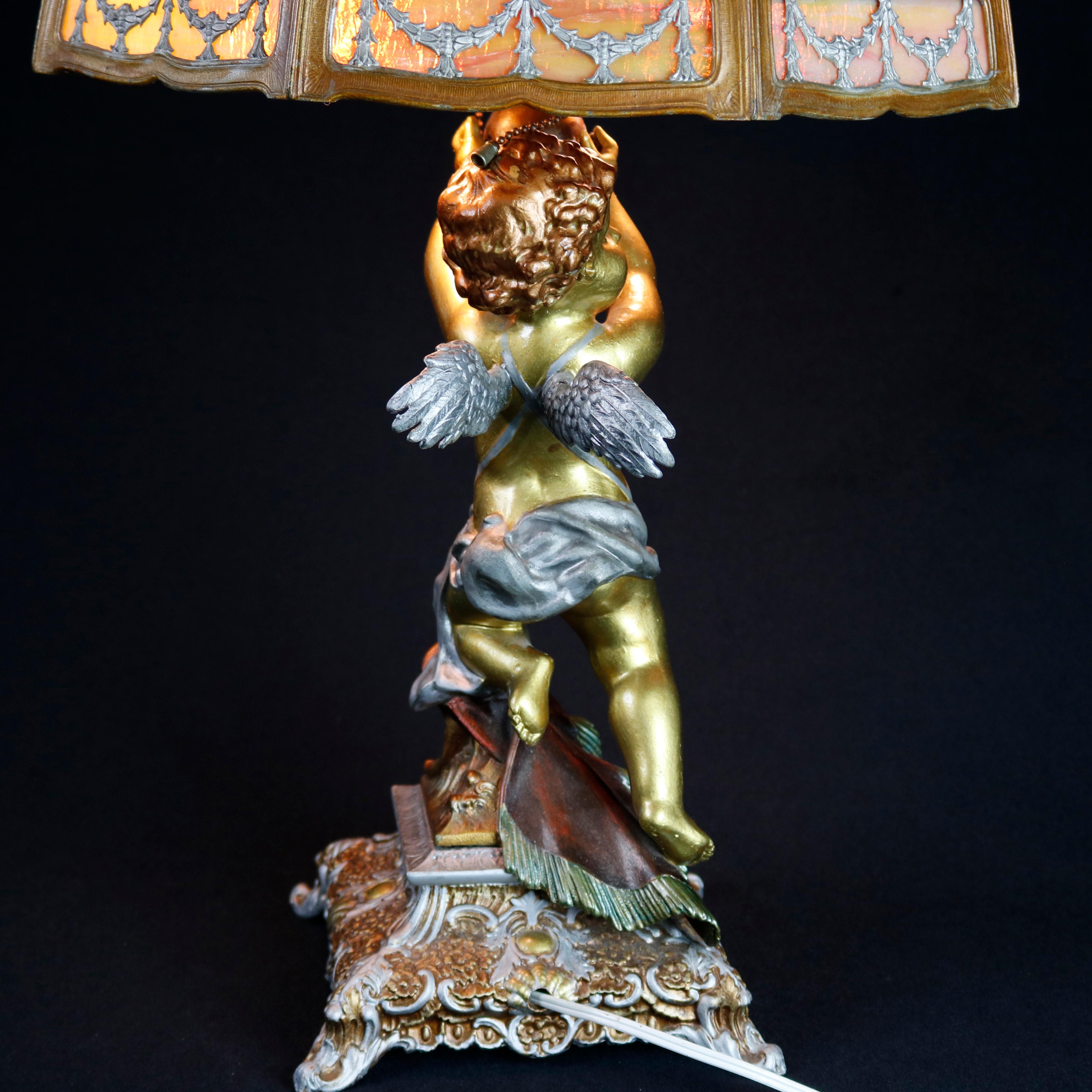 Antique Bradley & Hubbard School Figural Cherub Slag Glass Lamp, circa 1920 2