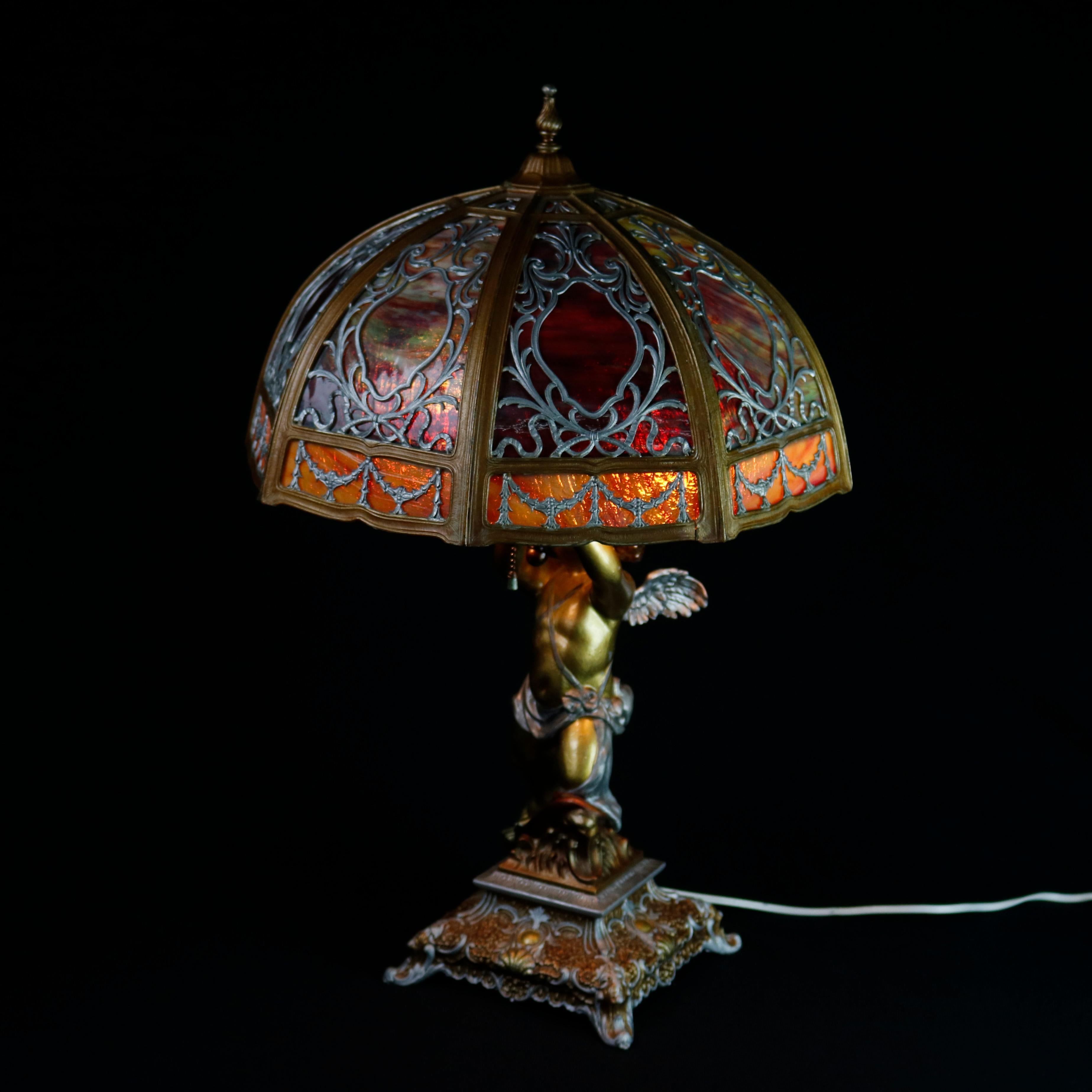 Art Nouveau Antique Bradley & Hubbard School Figural Cherub Slag Glass Lamp, circa 1920