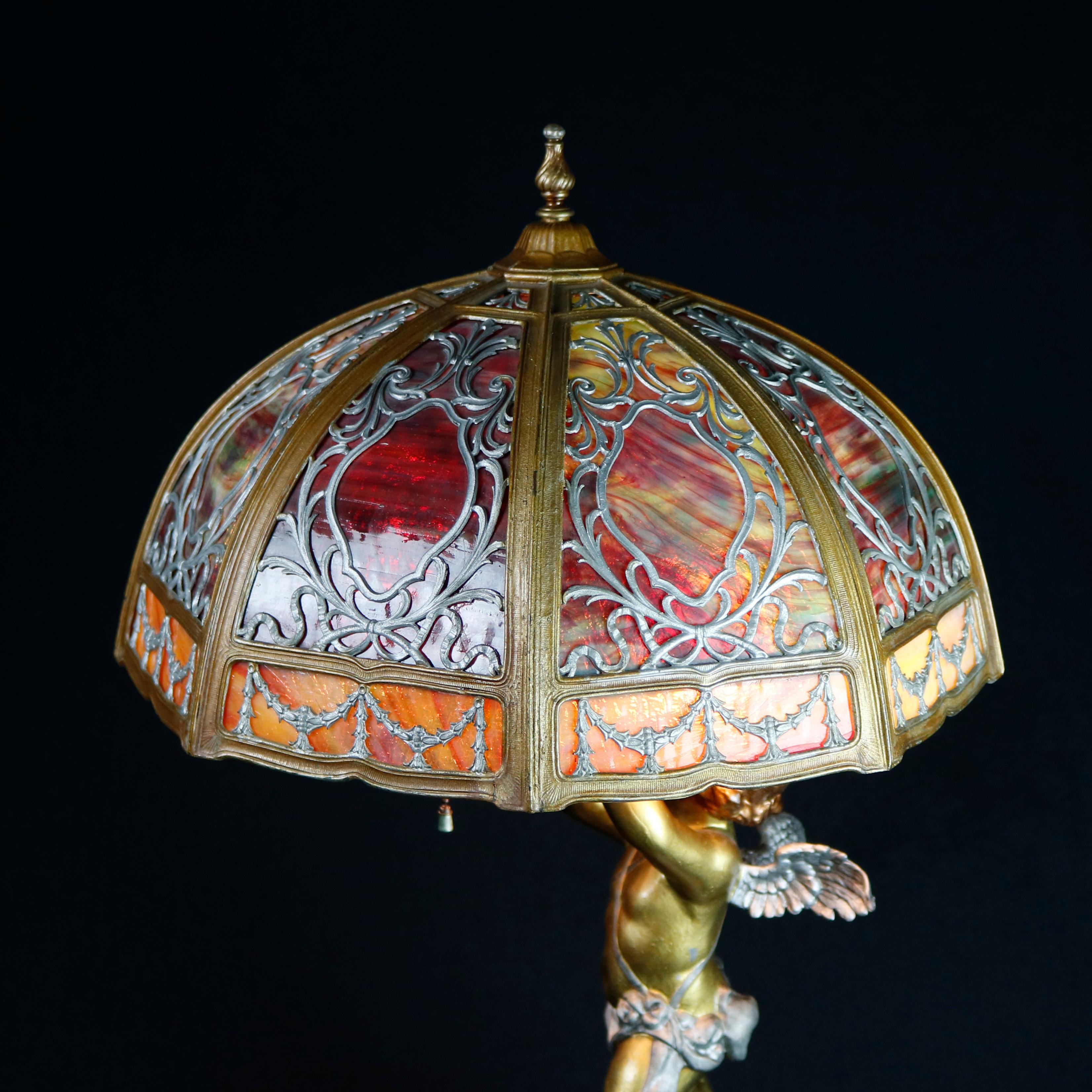 Metal Antique Bradley & Hubbard School Figural Cherub Slag Glass Lamp, circa 1920