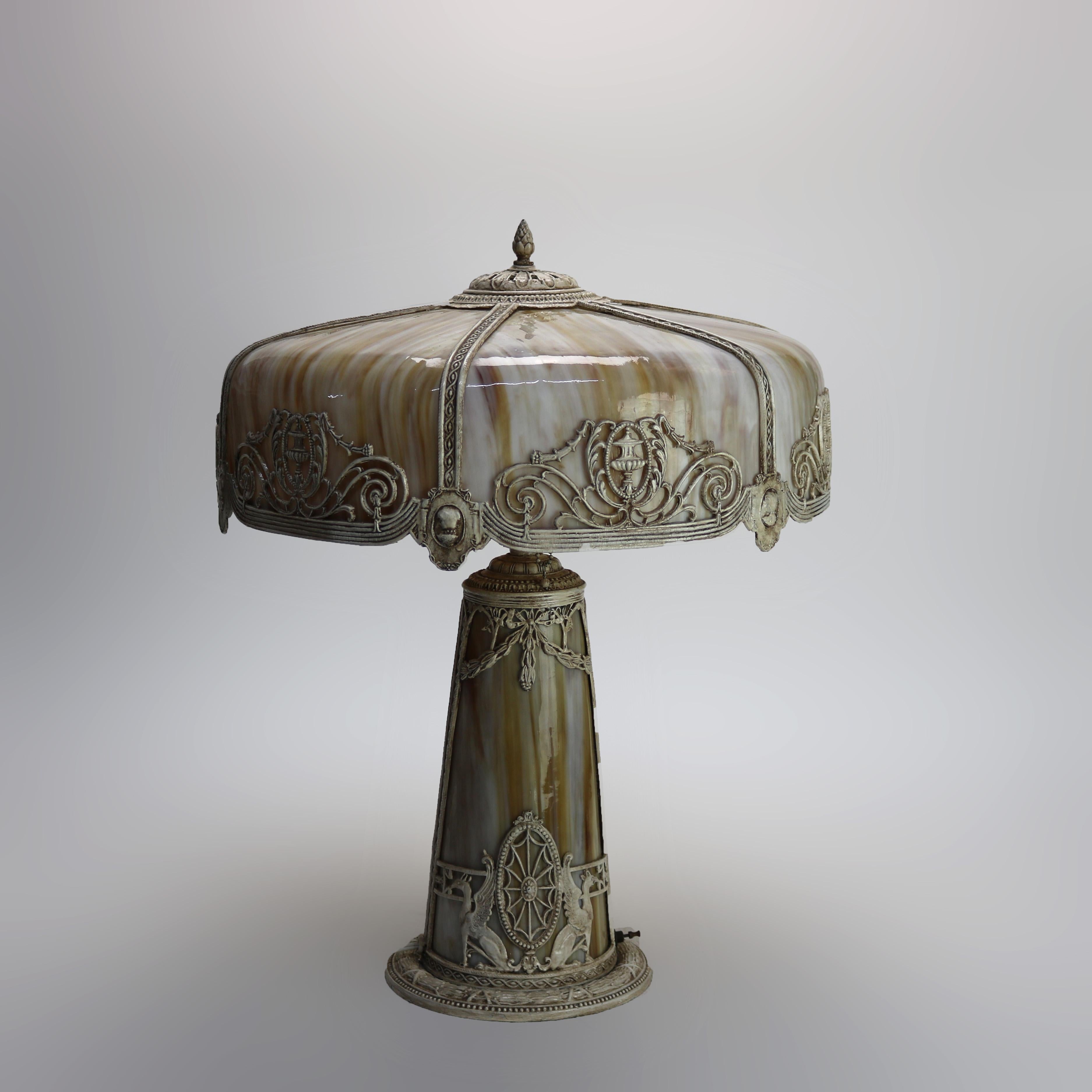 Lampada antica in vetro scoria della scuola Bradley & Hubbard a sei pannelli C1920 10