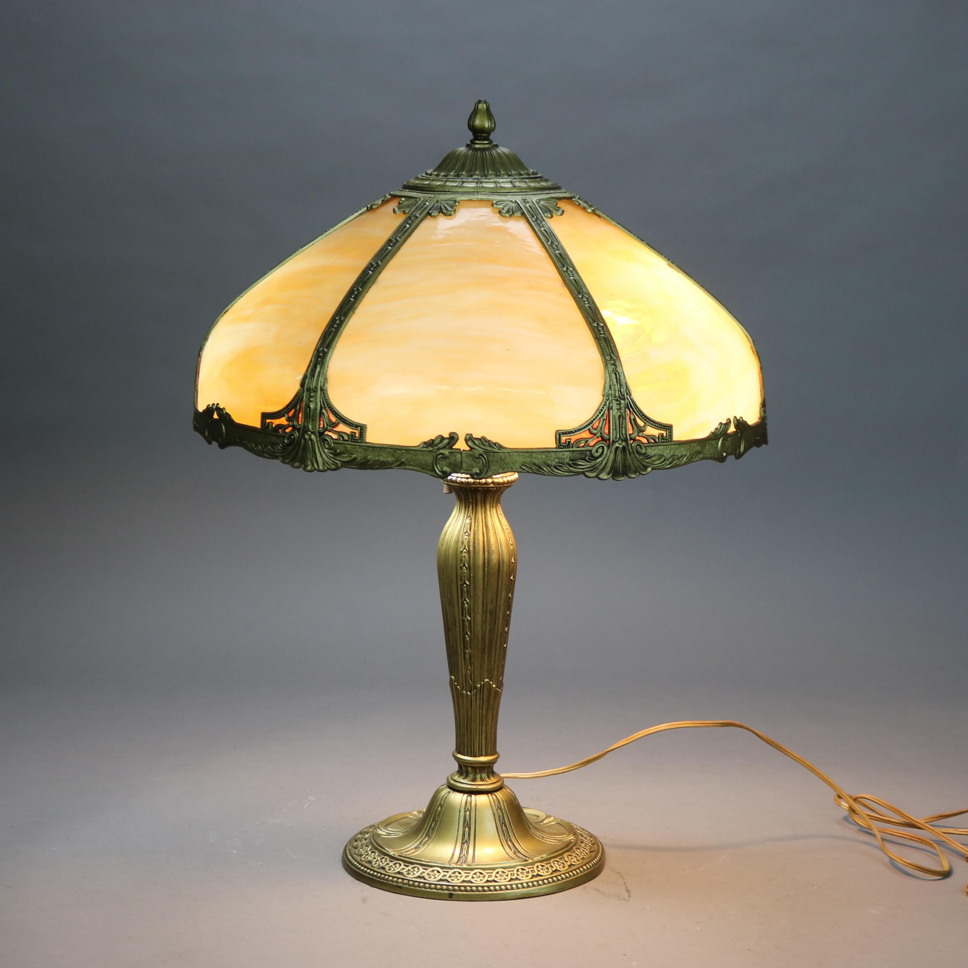 Antique Bradley & Hubbard School Six Panel Slag Glass Table Lamp C1920 3