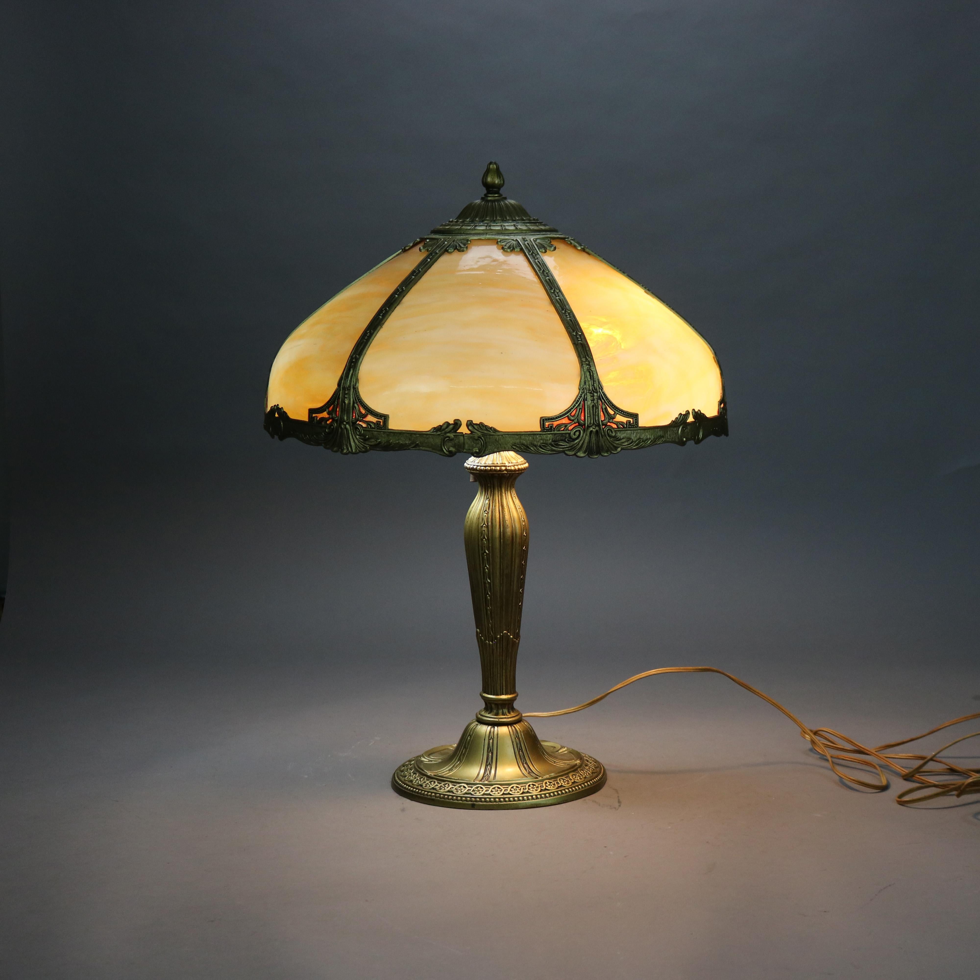Antique Bradley & Hubbard School Six Panel Slag Glass Table Lamp C1920 5