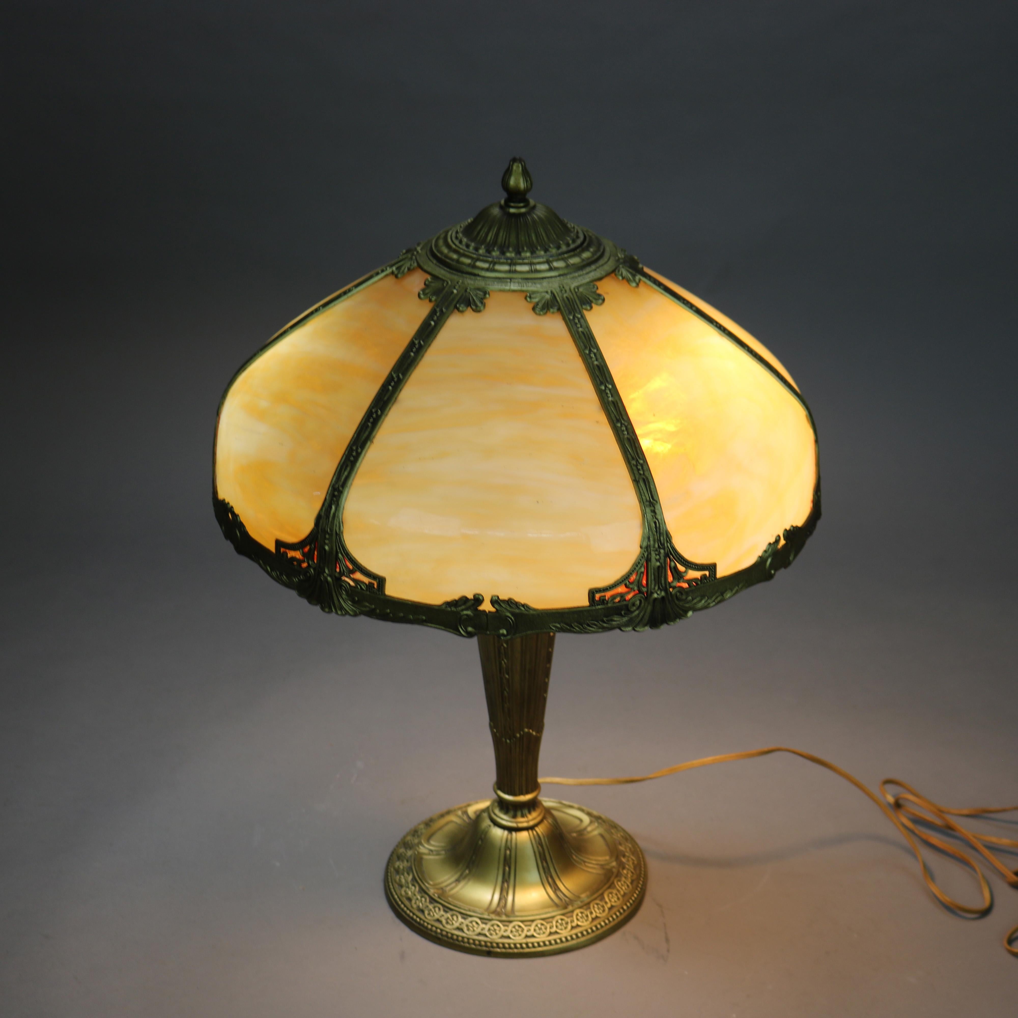 Antique Bradley & Hubbard School Six Panel Slag Glass Table Lamp C1920 6