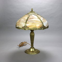 Antique Bradley & Hubbard School Six Panel Slag Glass Table Lamp C1920