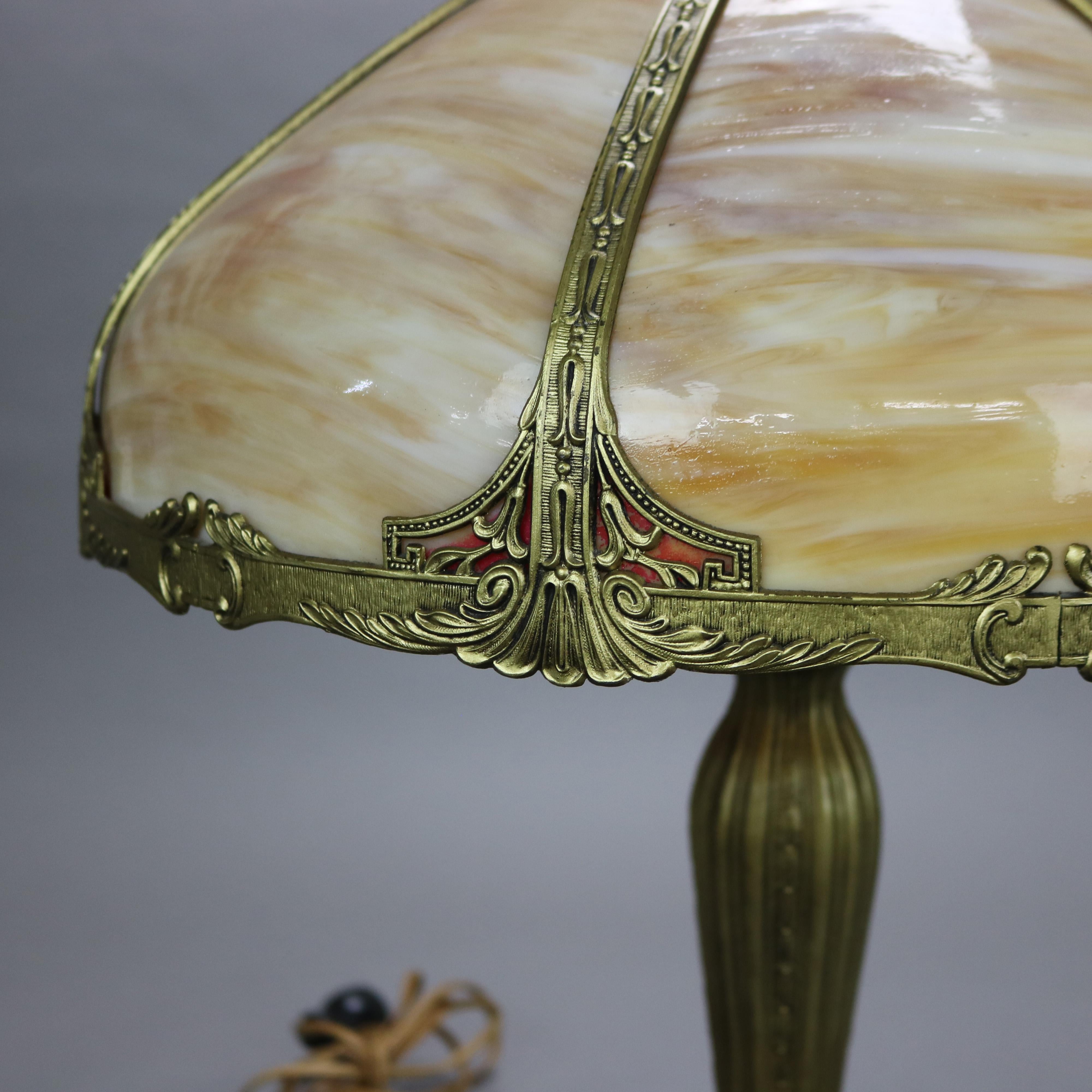 Cast Antique Bradley & Hubbard School Six Panel Slag Glass Table Lamp C1920