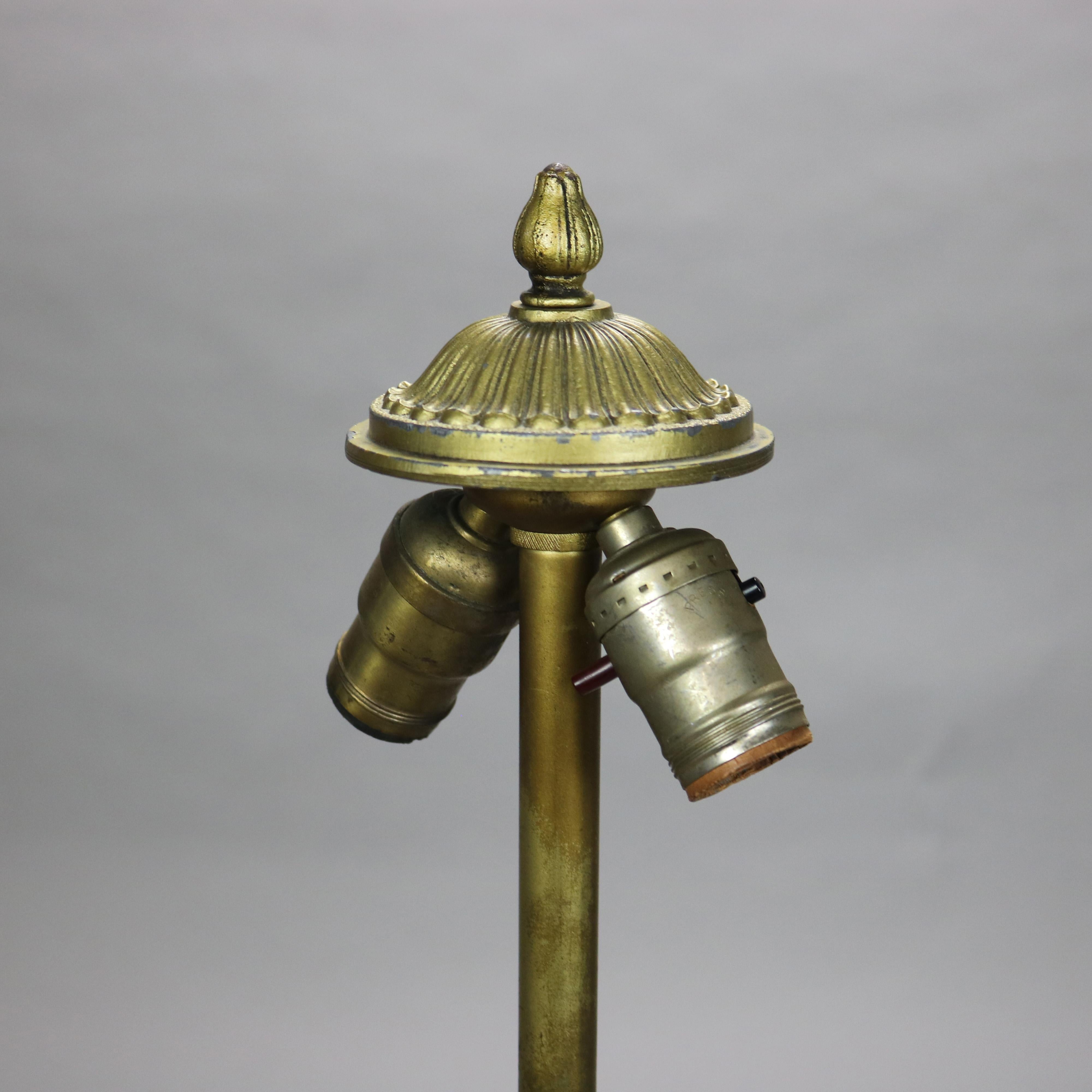 Antique Bradley & Hubbard School Six Panel Slag Glass Table Lamp C1920 In Good Condition In Big Flats, NY