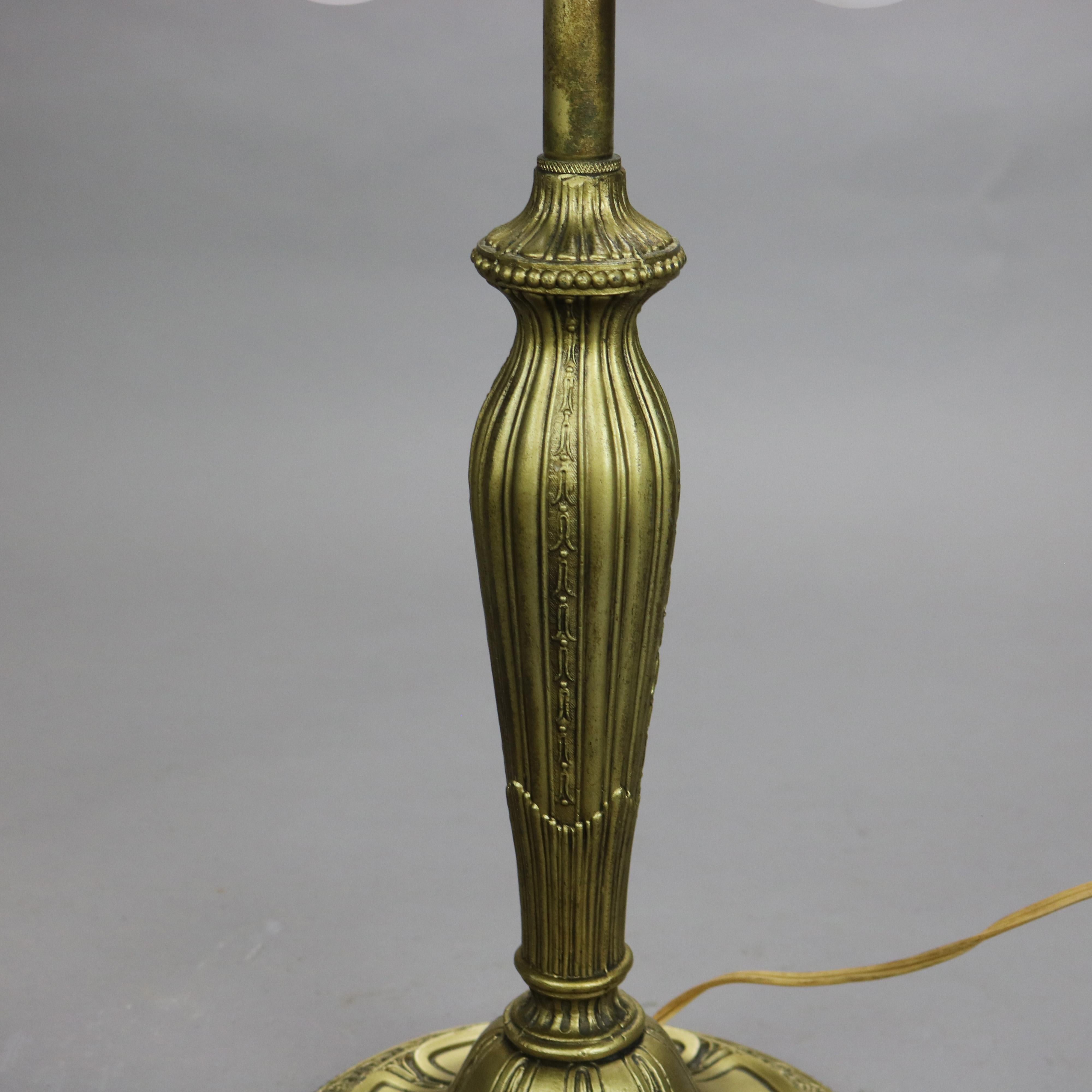 Metal Antique Bradley & Hubbard School Six Panel Slag Glass Table Lamp C1920
