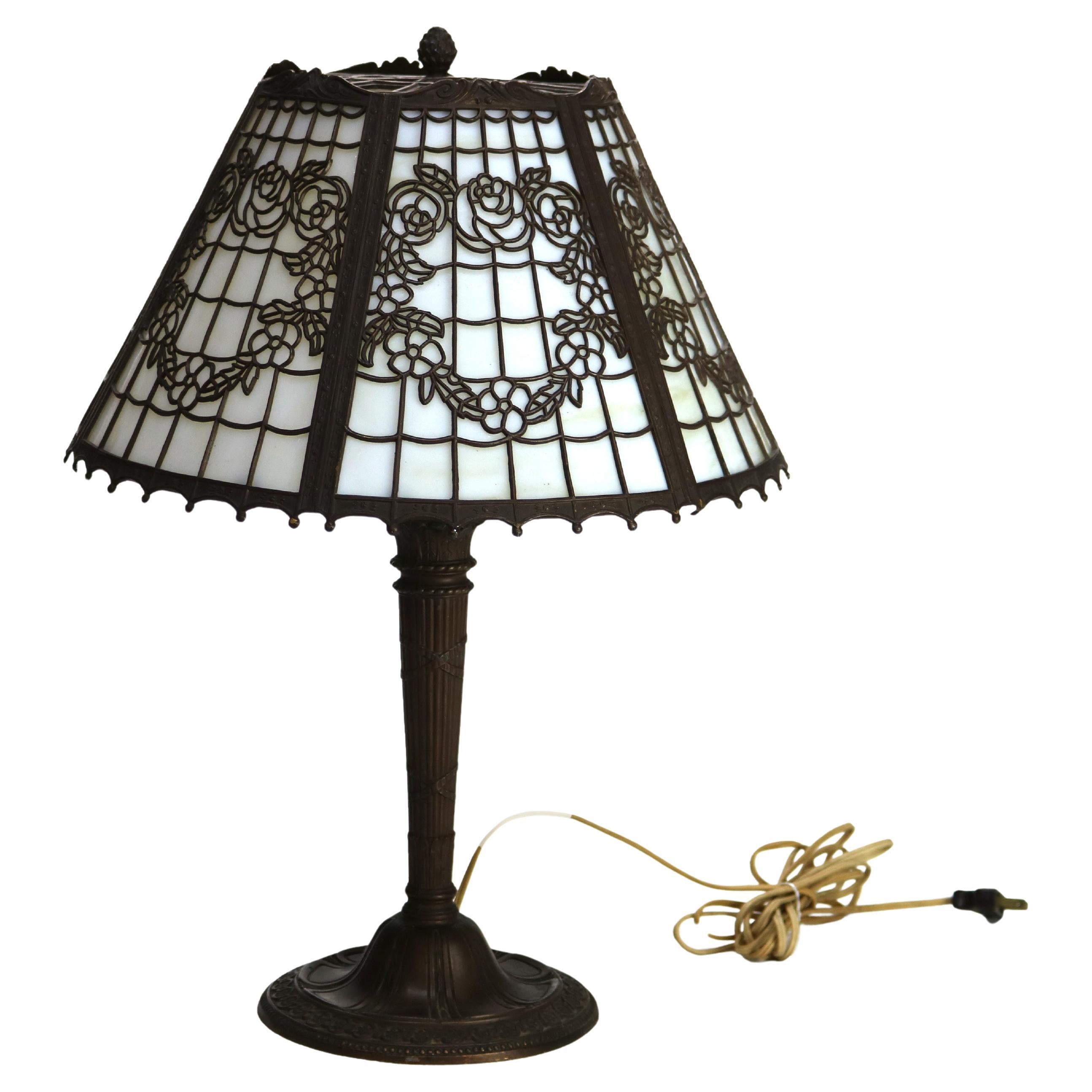 Antique Bradley & Hubbard School Six-Panel Slag Glass Table Lamp c1920