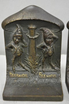 Antique Bradley & Hubbard See No Evil Gnome Mushroom Cast Iron Bookends - Pair