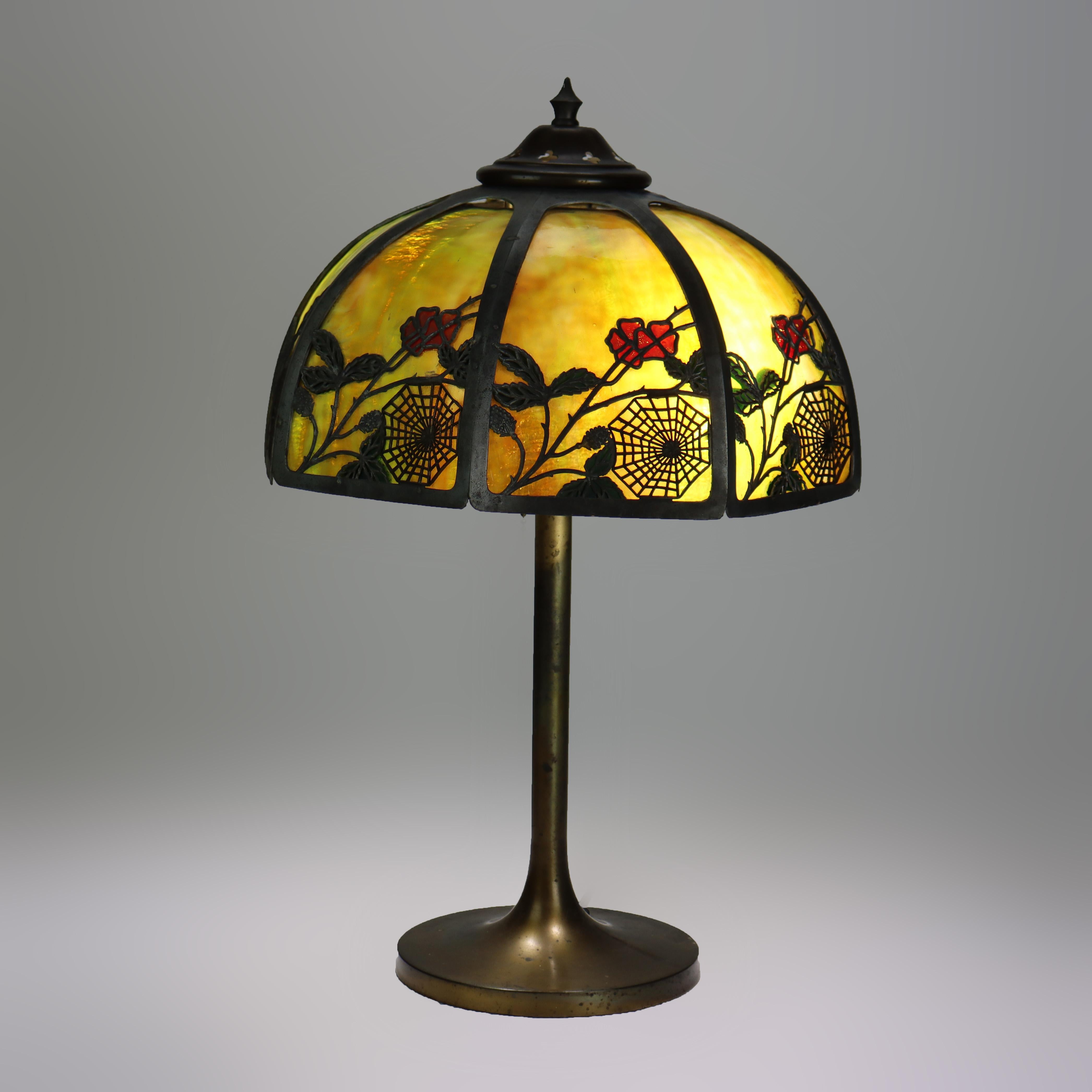 Antique Bradley & Hubbard Style Arts & Crafts 8-Panel Slag Glass Table Lamp With Nature Themed Overlay C1920

Measures - 19 1/2