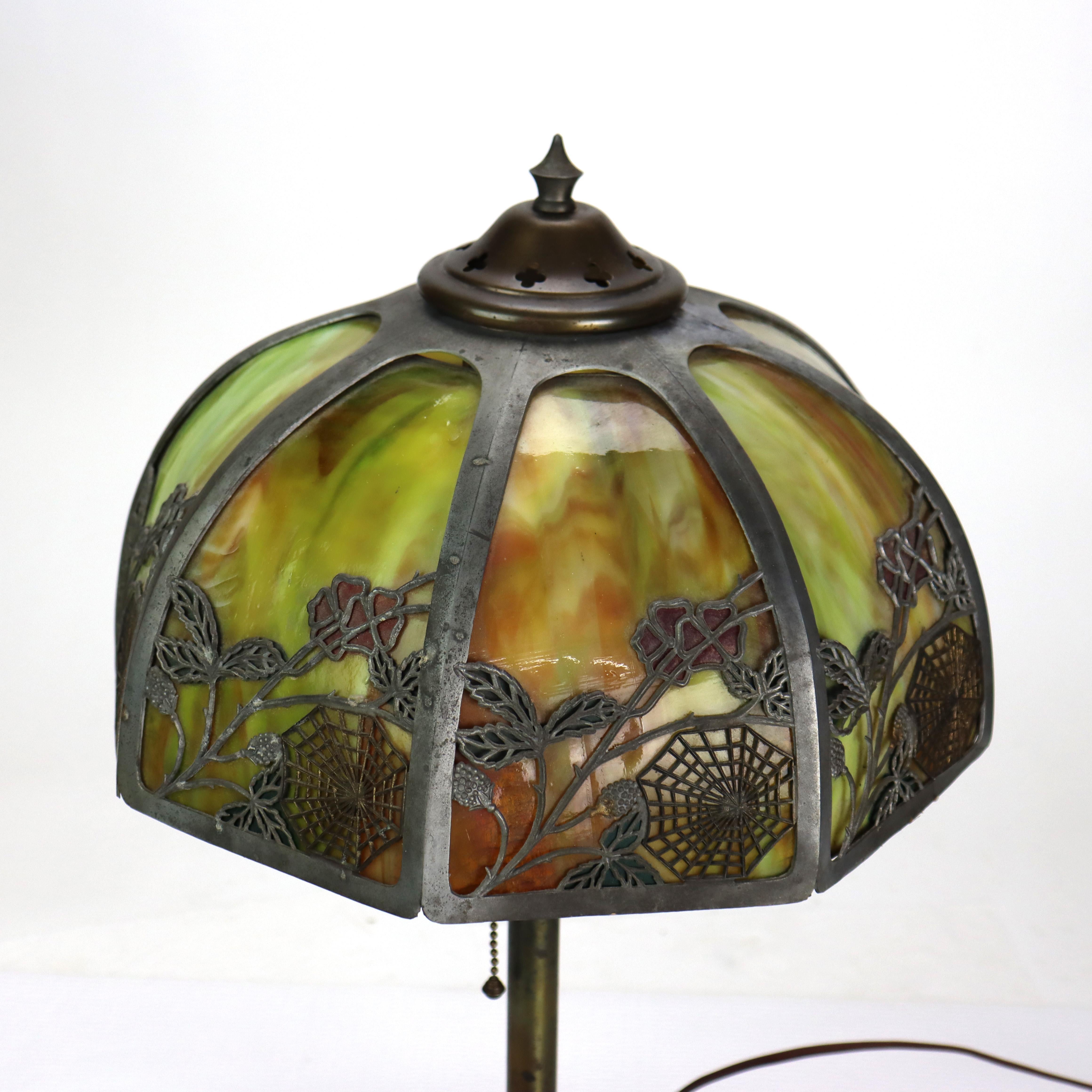 Arts and Crafts Antique Bradley & Hubbard Style Arts & Crafts 8 Panel Slag Glass Table Lamp For Sale