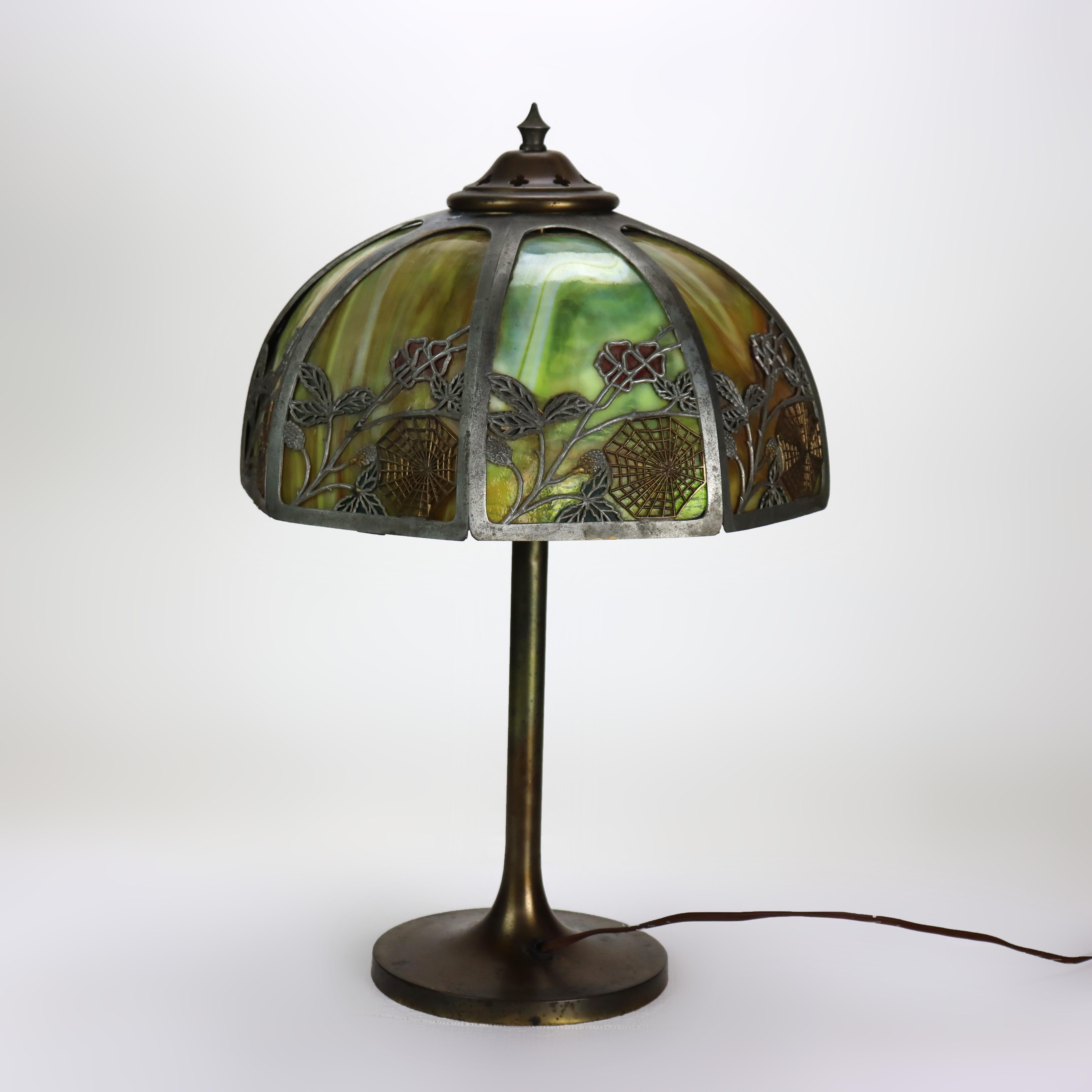 20th Century Antique Bradley & Hubbard Style Arts & Crafts 8 Panel Slag Glass Table Lamp For Sale