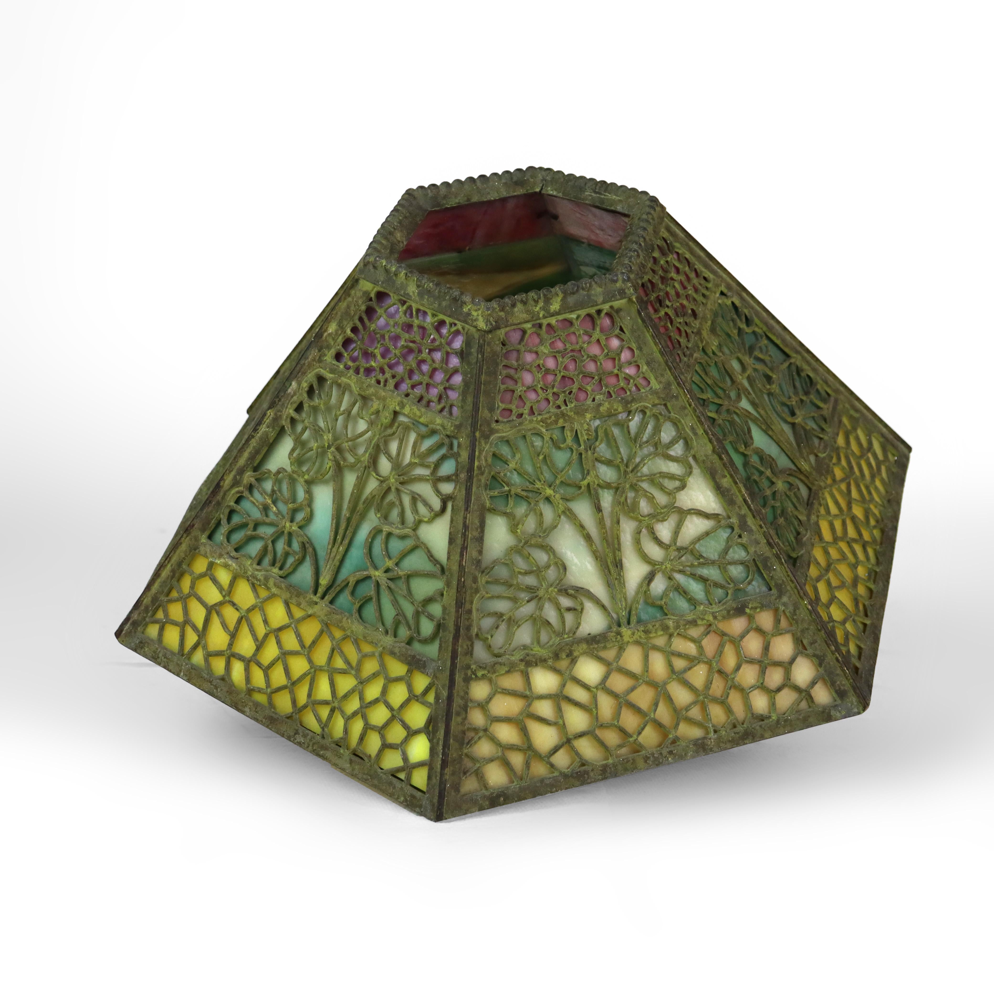 Antique Bradley & Hubbard Style Tri-Color Slag Glass Shade with Foliage Filigree Overlay Unsigned C1920.   7