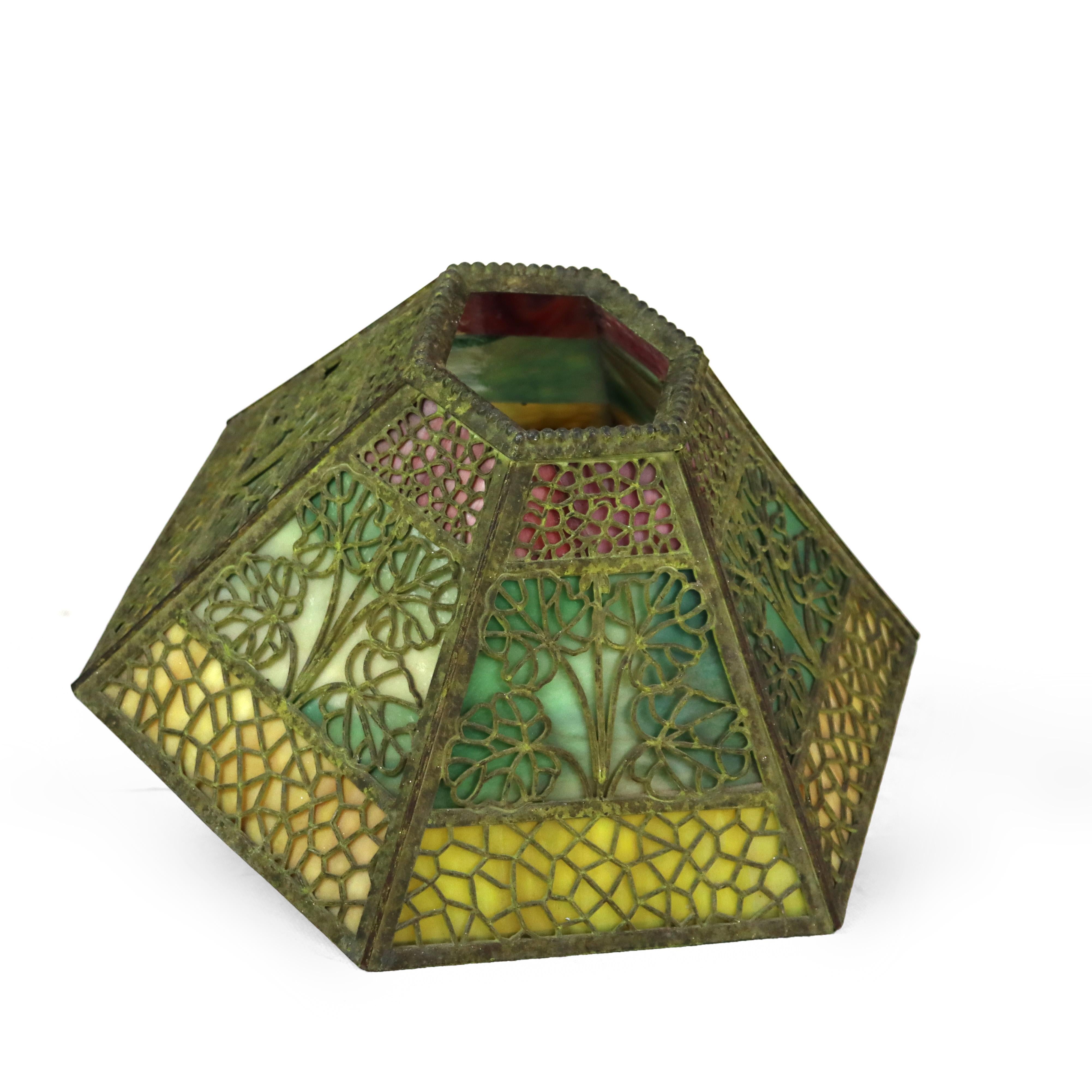 Arts and Crafts Antique Bradley & Hubbard Tri-Color Slag Glass Shade with Filigree Overlay c1920
