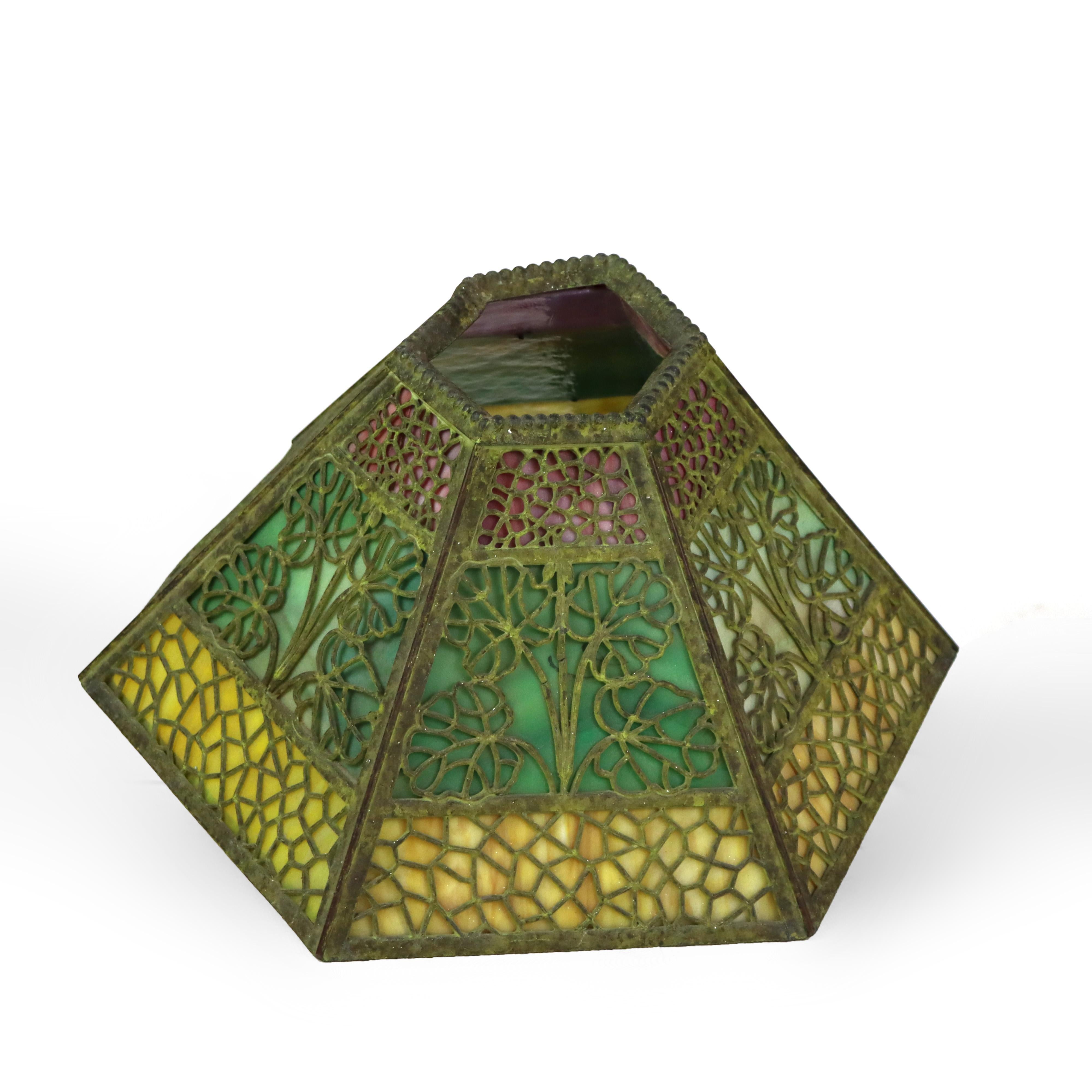 Antique Bradley & Hubbard Tri-Color Slag Glass Shade with Filigree Overlay c1920 In Good Condition In Big Flats, NY