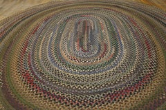 1920s Multi Brown Folk Art American Oval Braided Rug 12'6" x 15'8" Woven Carpet