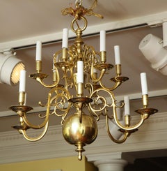 Antique Brass 12-Light Scrolled Arm Chandelier with Large Lower Ball, circa 1850