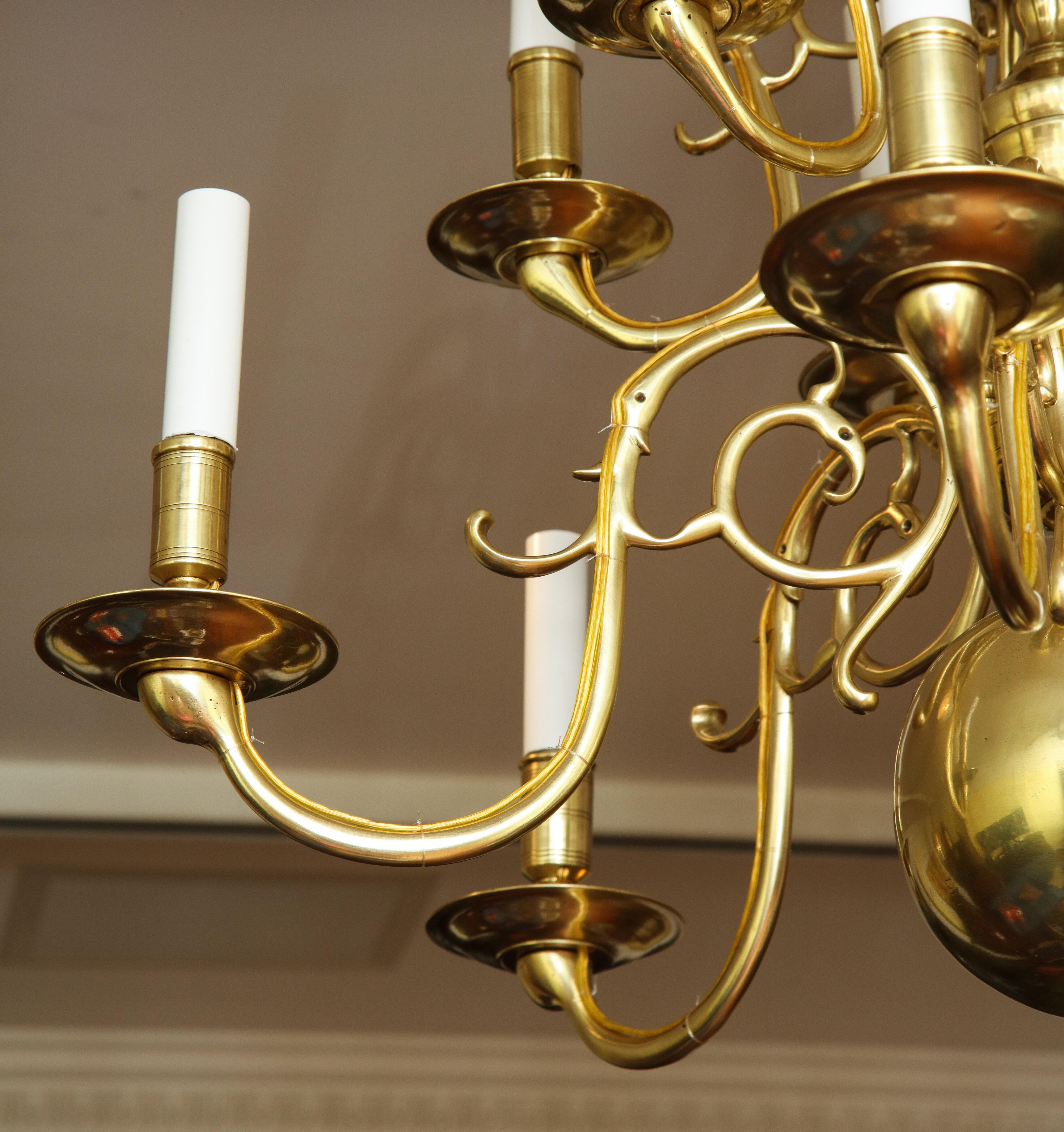 Baltic Antique Brass 12-Light Scrolled Arm Chandelier with Large Lower Ball, circa 1850 For Sale