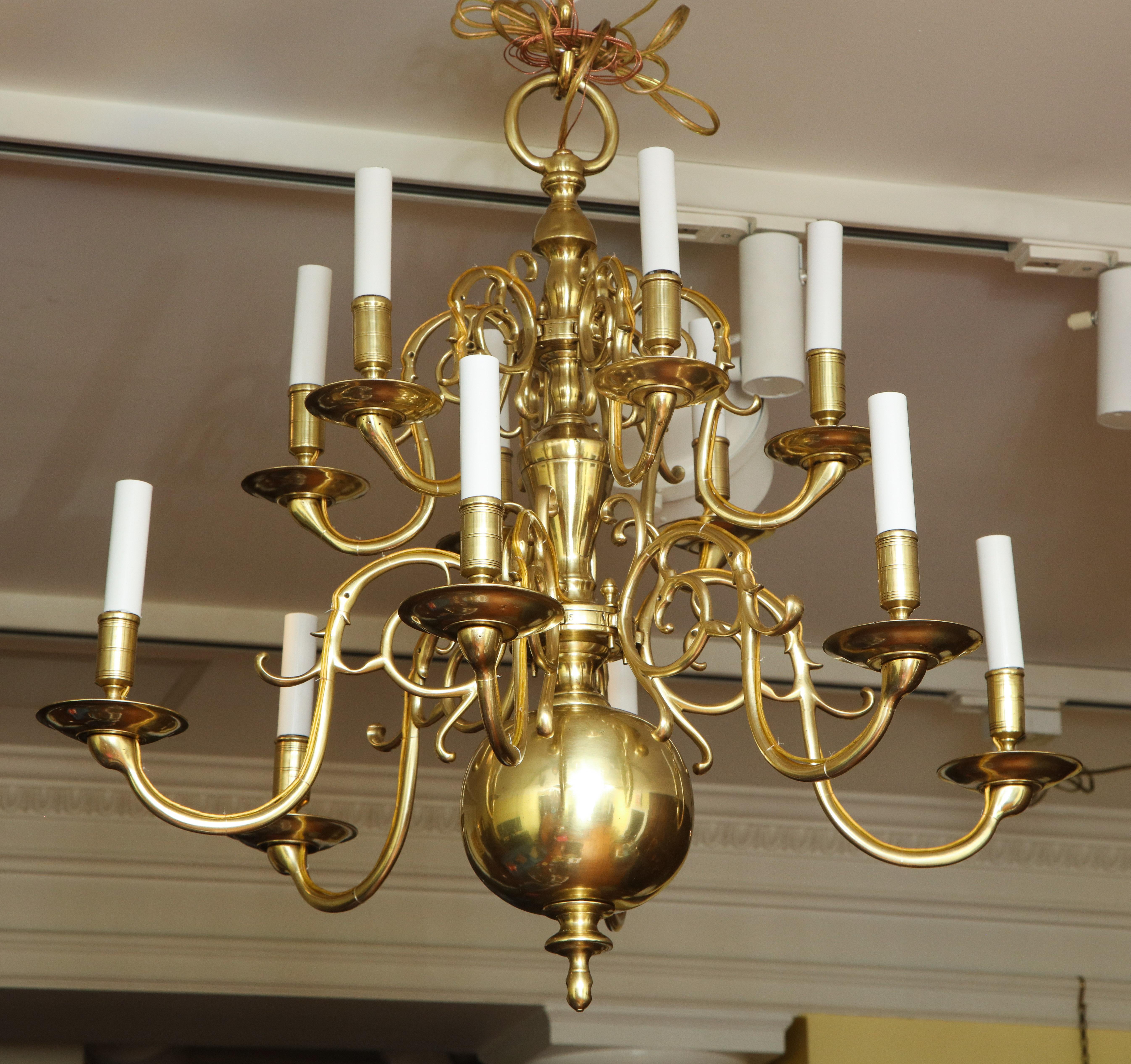 Cast Antique Brass 12-Light Scrolled Arm Chandelier with Large Lower Ball, circa 1850 For Sale