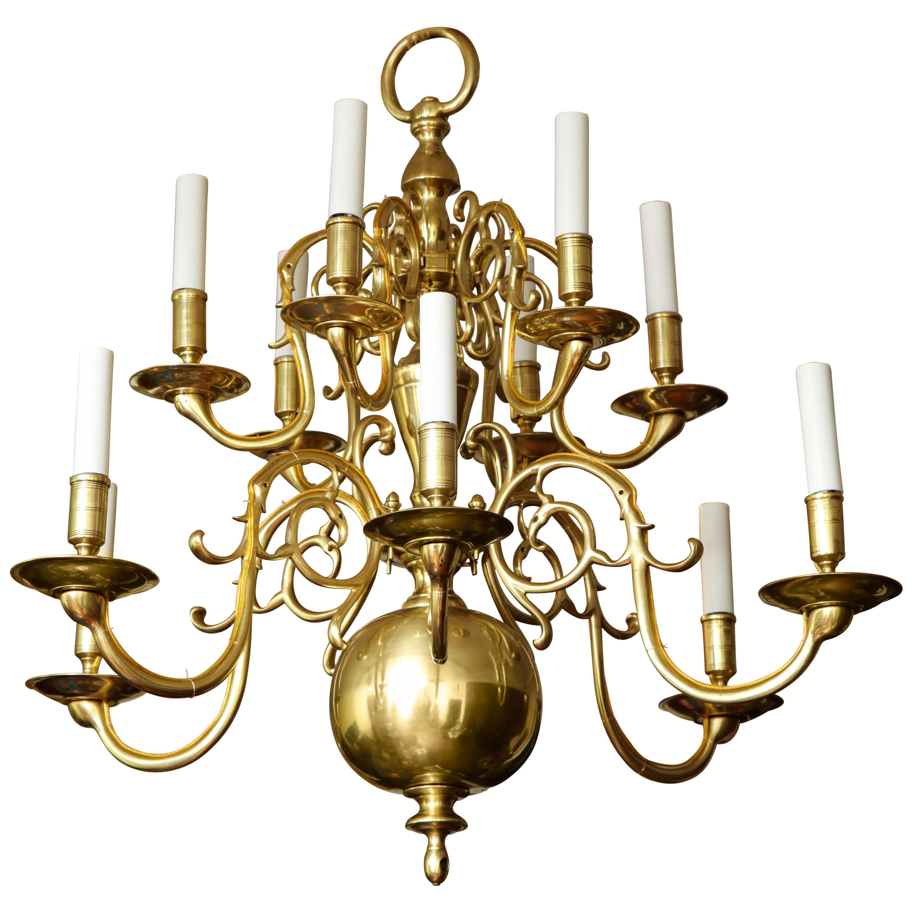 Antique Brass 12-Light Scrolled Arm Chandelier with Large Lower Ball, circa 1850 For Sale