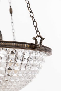 Antique Brass 14" Holophane Crystal Prismatic Glass Pendant Light Lamp, c.1910