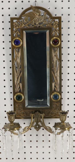 Antique Brass 2 Candle Mirror Jewel Decorated Wall Sconce 16 Prisms, circa 1875