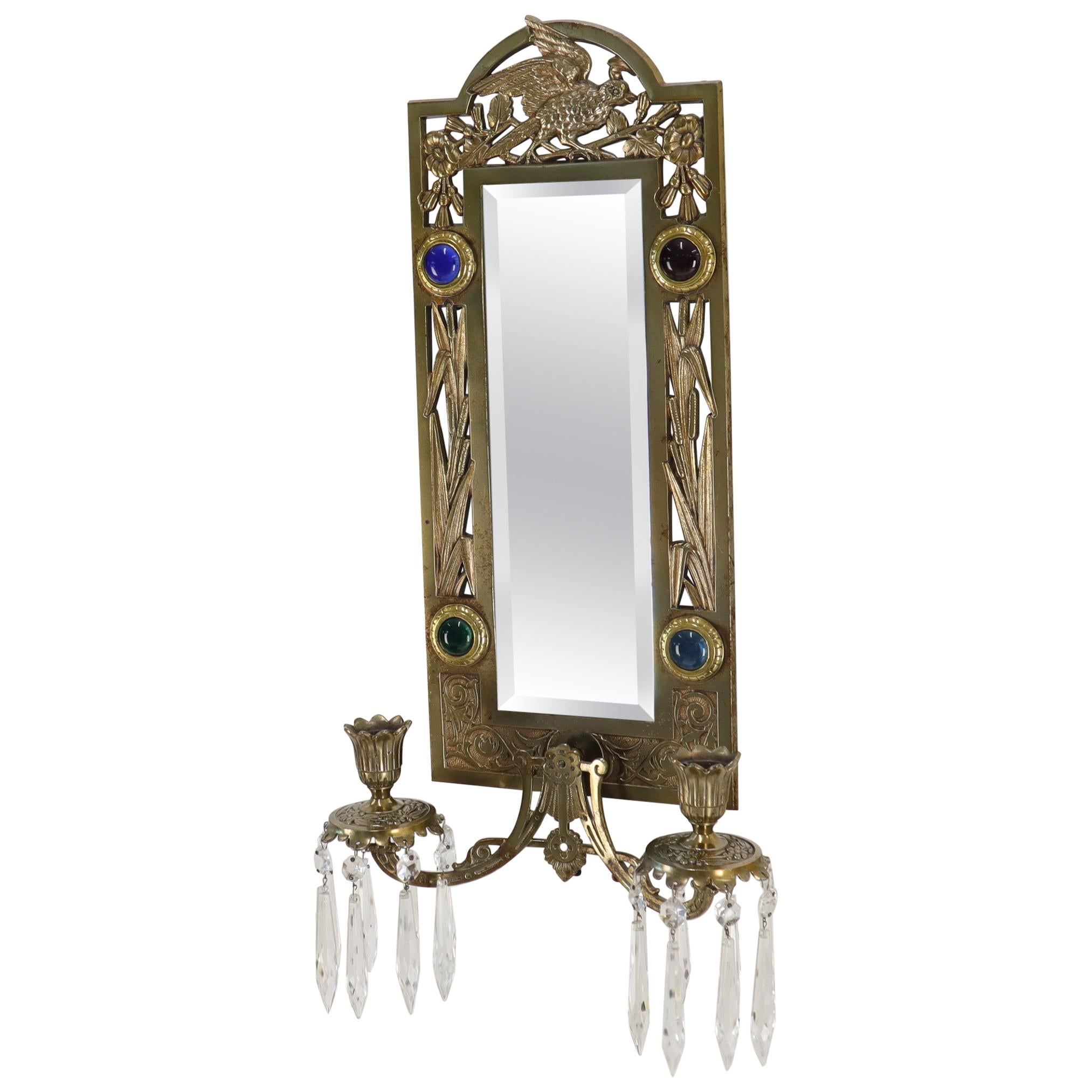 Antique Brass 2 Candle Mirror Jewel Decorated Wall Sconce 16 Prisms, circa 1875 For Sale