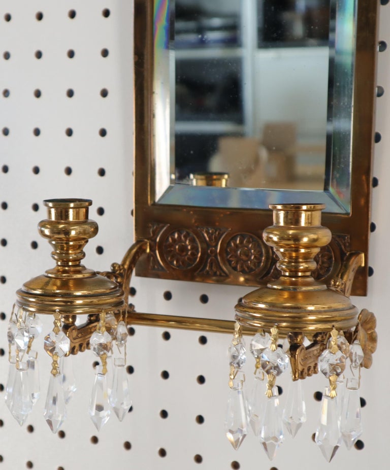 Antique Brass 2 Candle Mirror Wall Sconce 16 Crystal Prisms, 1875 For