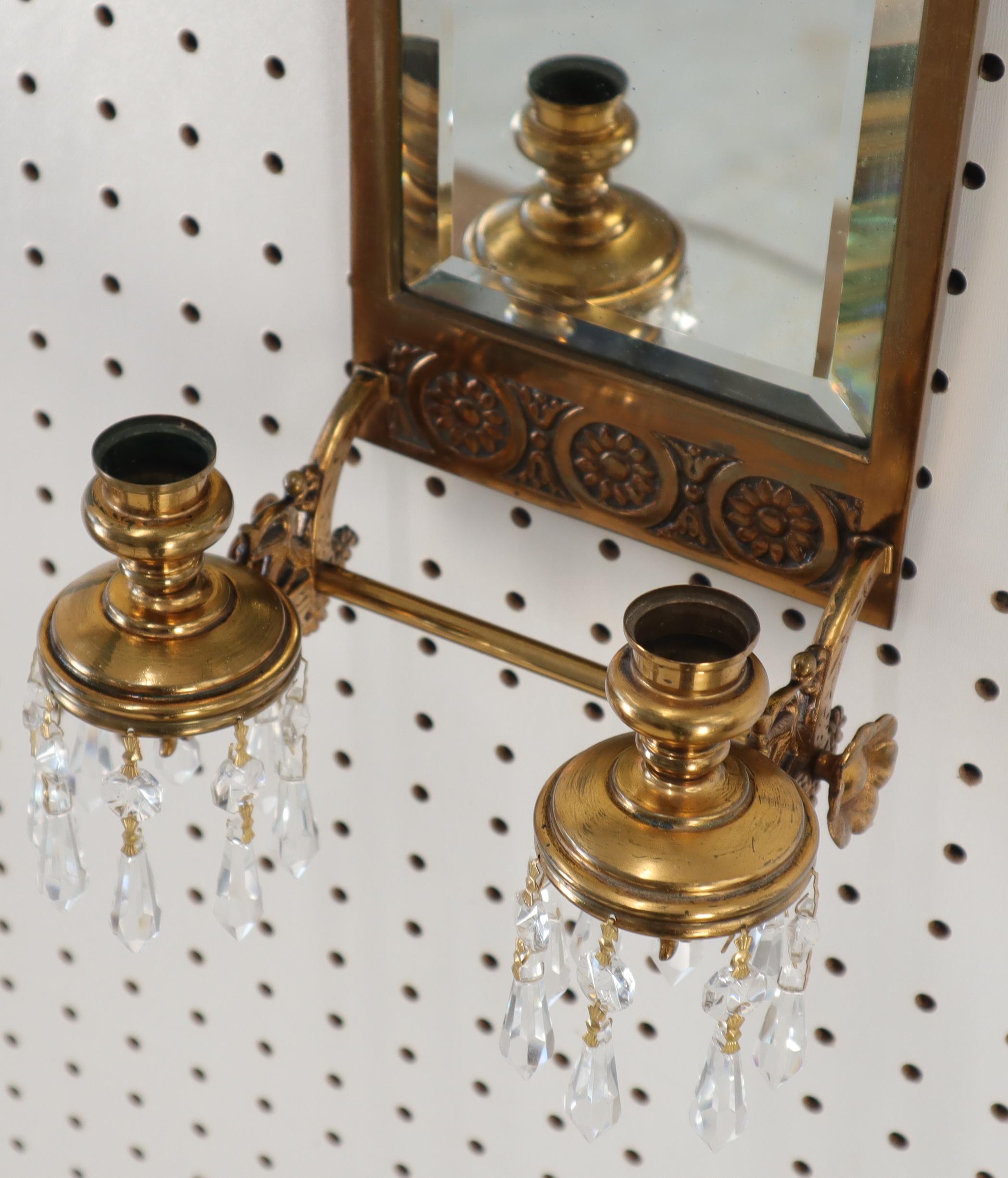 American Antique Brass 2 Candle Mirror Wall Sconce 16 Crystal Prisms, 1875 For Sale
