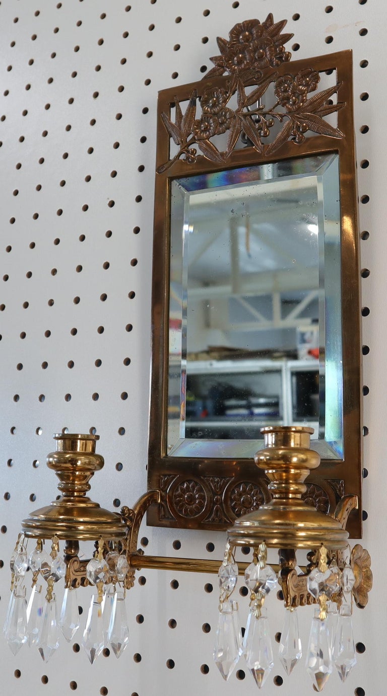 Antique Brass 2 Candle Mirror Wall Sconce 16 Crystal Prisms, 1875 For