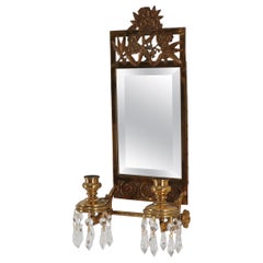 Antique Brass 2 Candle Mirror Wall Sconce 16 Crystal Prisms, 1875