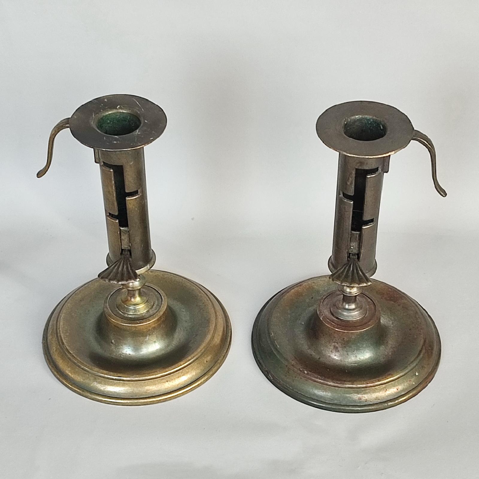 Antique Brass Adjustable Push Up Pair of Candleholders, 19th Century For Sale 3