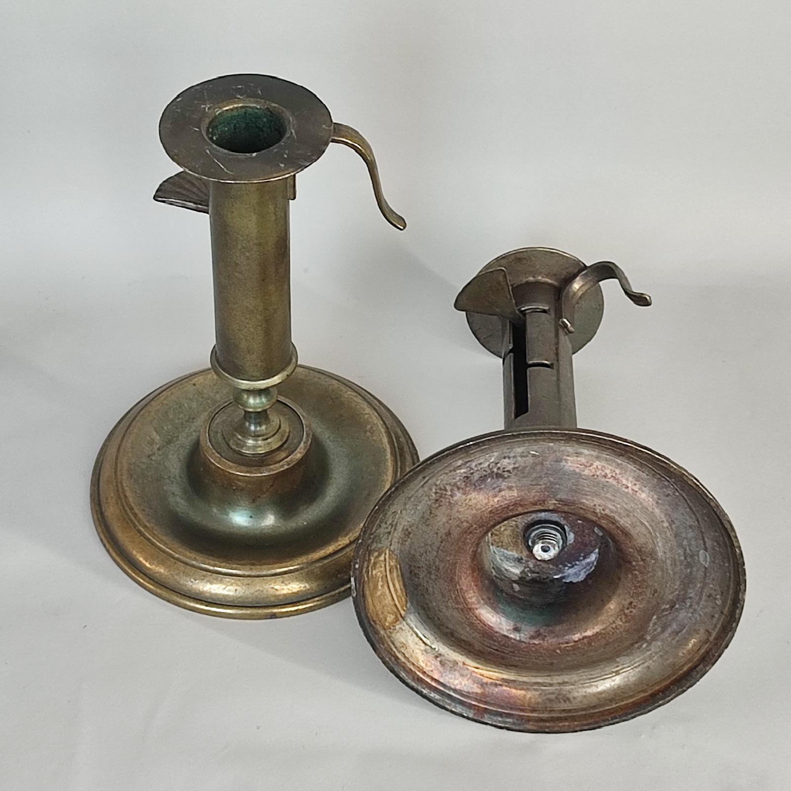 Antique Brass Adjustable Push Up Pair of Candleholders, 19th Century For Sale 7