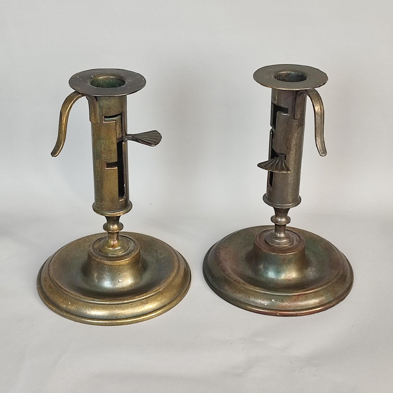 Antique Brass Adjustable Push Up Pair of Candleholders, 19th Century For Sale 2