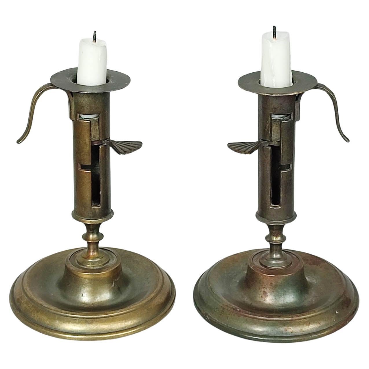 Antique Brass Adjustable Push Up Pair of Candleholders, 19th