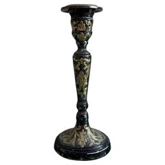Vintage Brass and Black Enamel Candlestick with Gilded Foliate Detailing