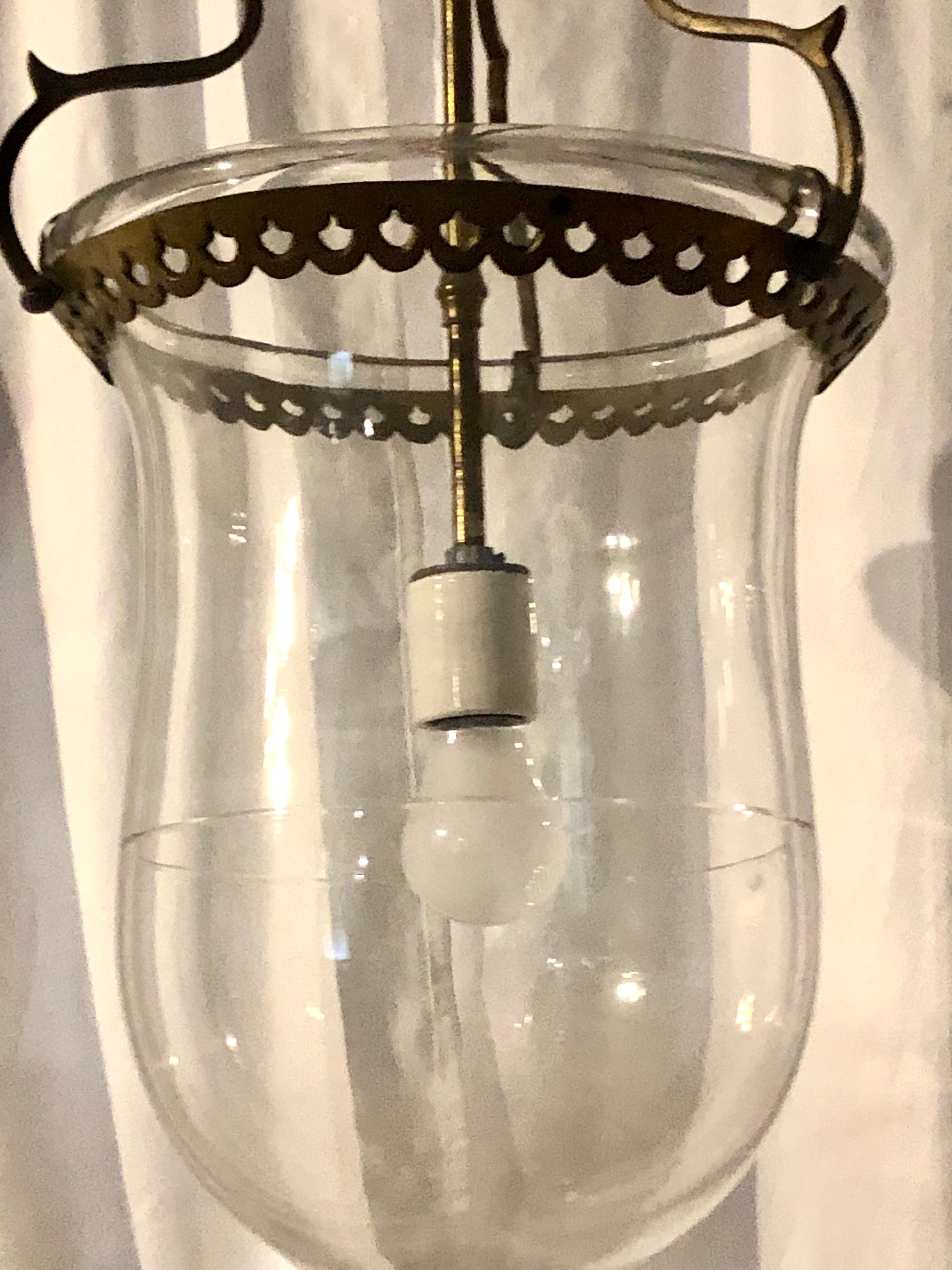 French Antique Brass and Blown Glass Hall Lantern, circa 1920 For Sale