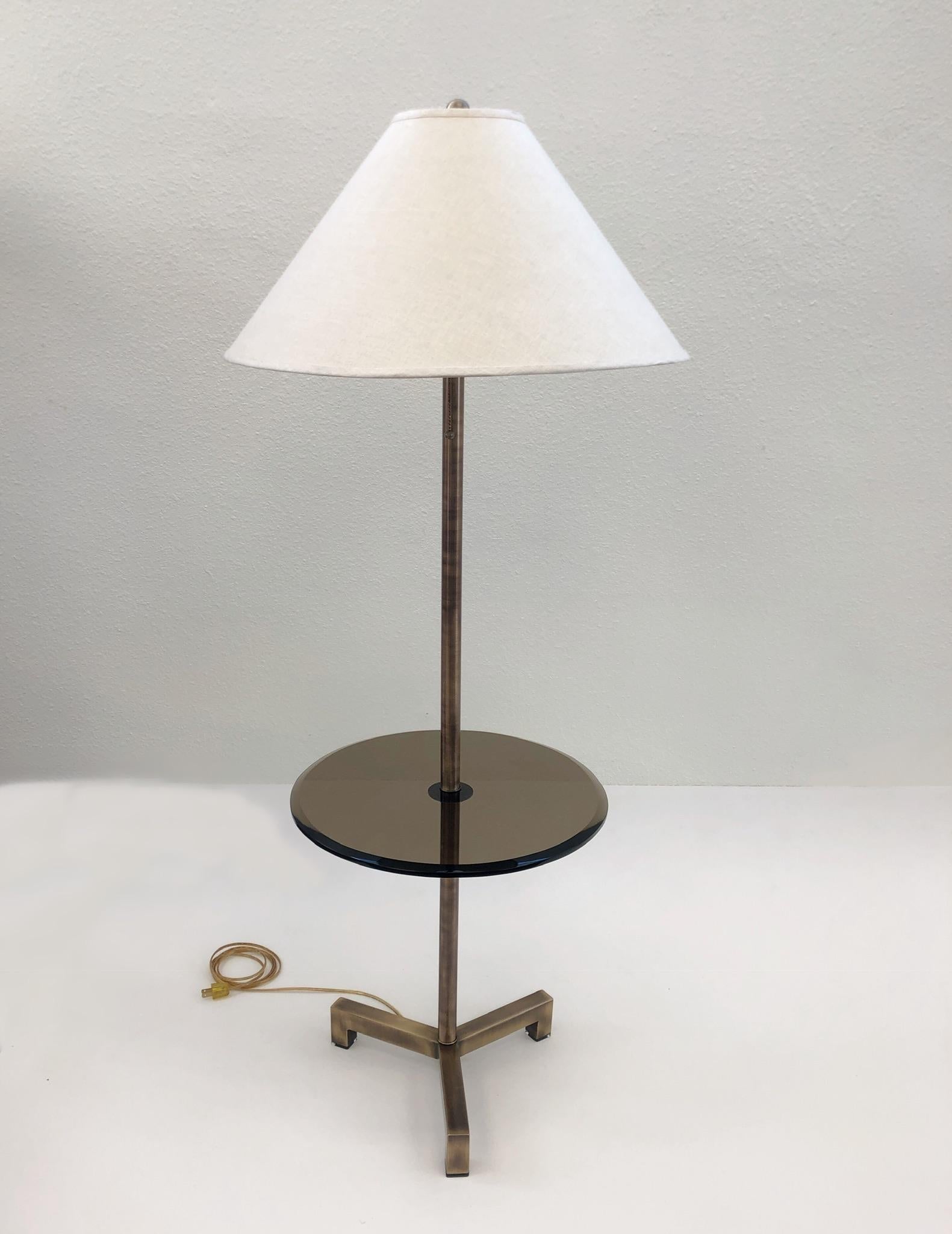 Modern Antique Brass and Bronze Glass Floor Lamp with Table by Charles Hollis Jones