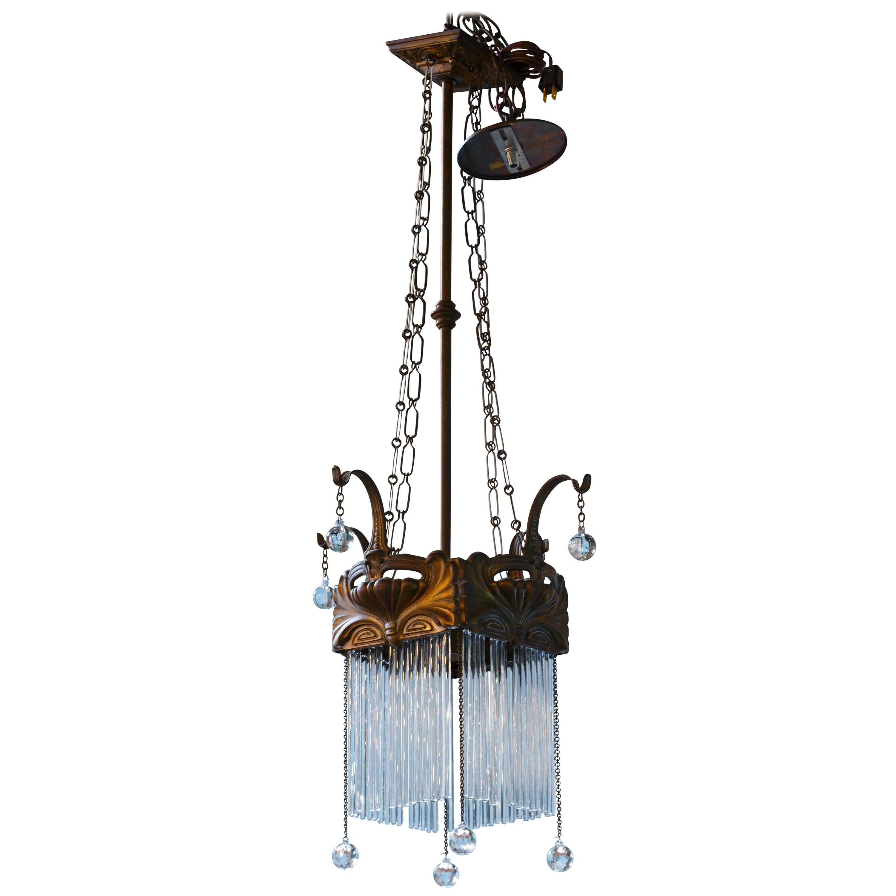 Antique Brass and Glass Art Nouveau Chandelier from France For Sale