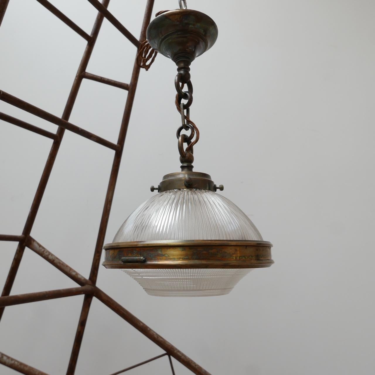 Antique Brass and Glass Holophane Pendant Light 5