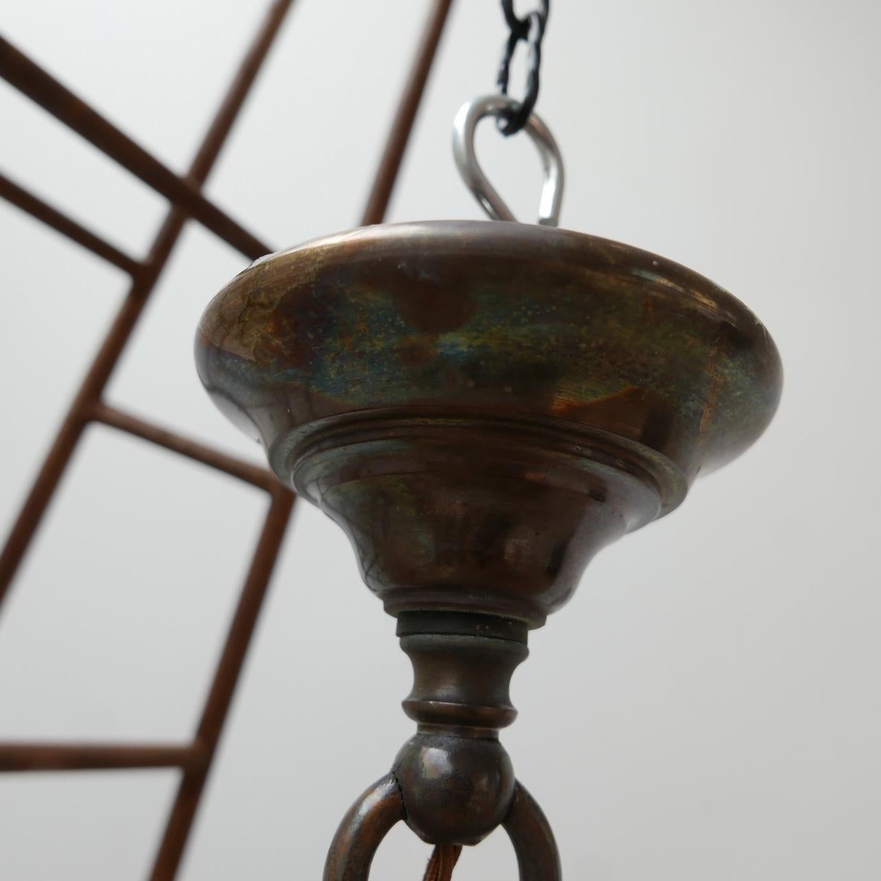 Antique Brass and Glass Holophane Pendant Light In Good Condition In London, GB