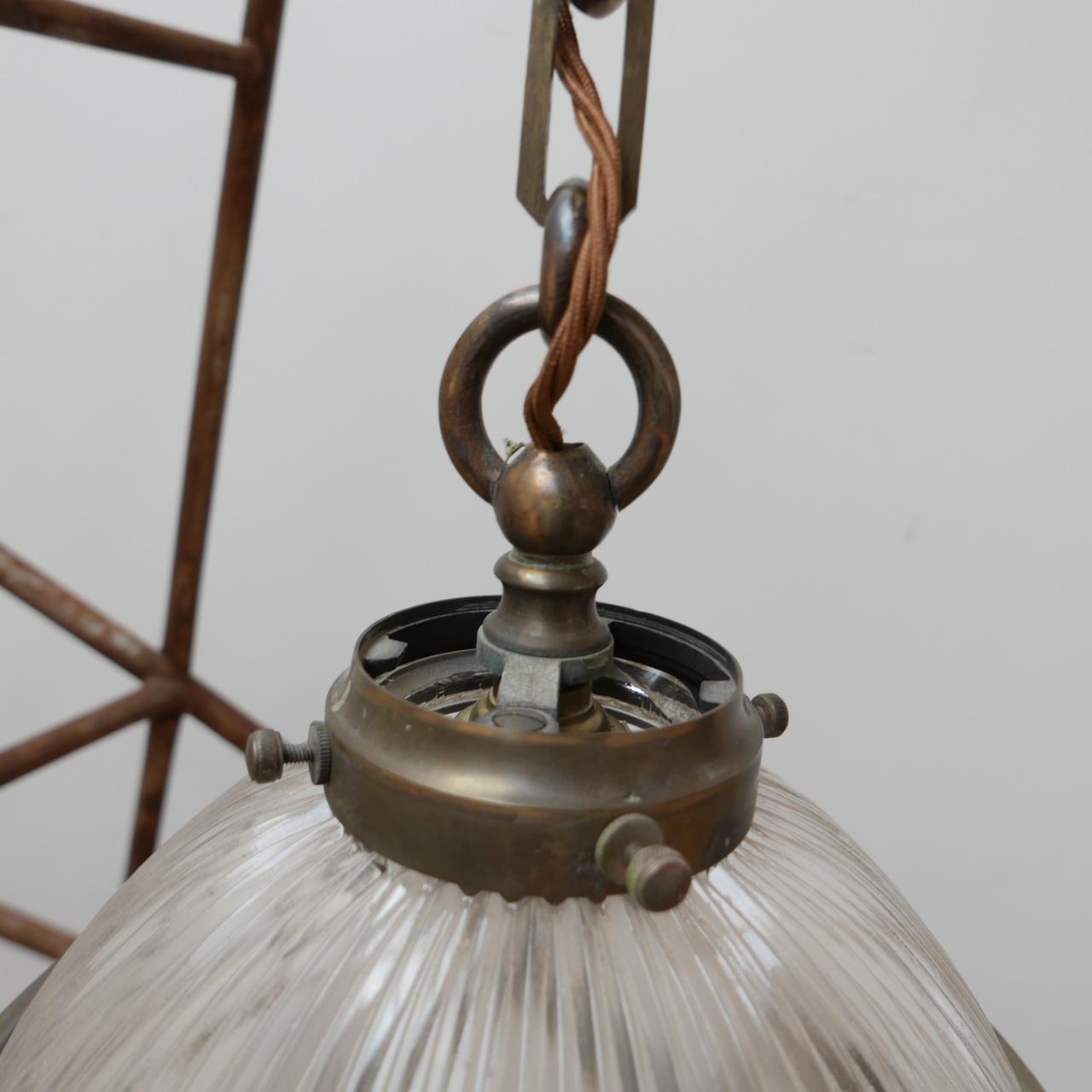 20th Century Antique Brass and Glass Holophane Pendant Light