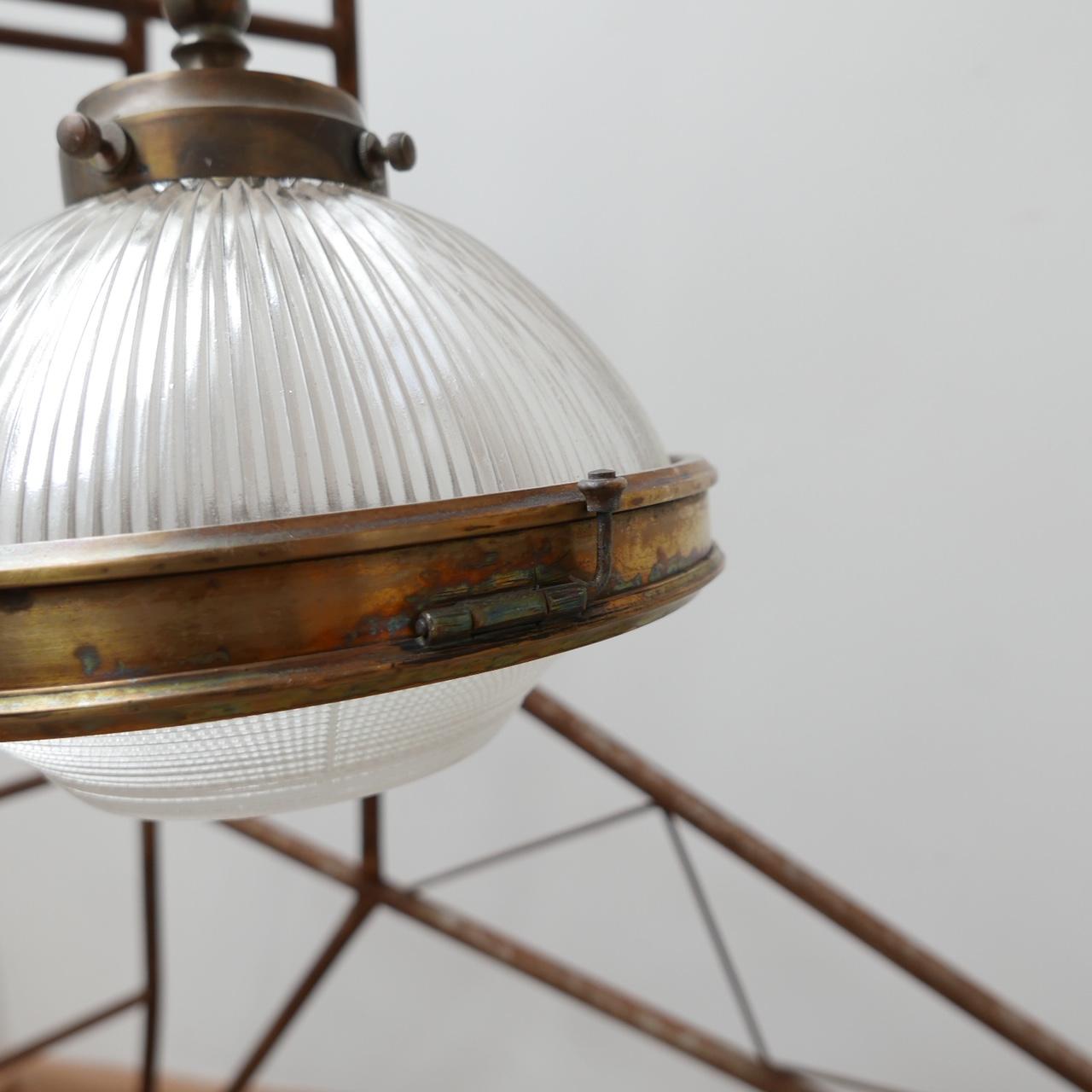Antique Brass and Glass Holophane Pendant Light 1