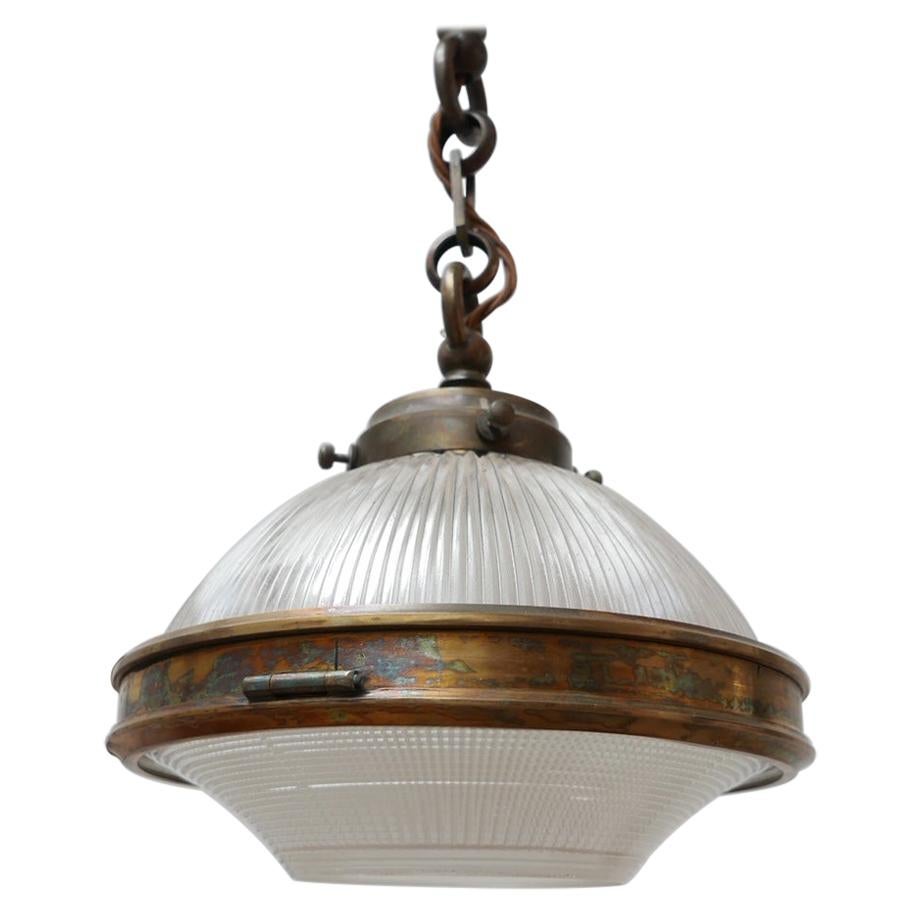 Antique Brass and Glass Holophane Pendant Light