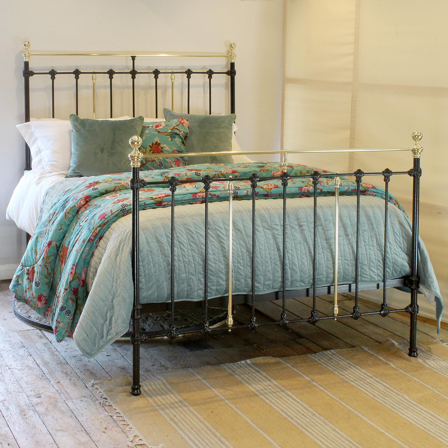 A handsome brass and iron antique bed with attractive castings and straight brass top rails.

This bed accepts a UK King or US Queen, 60 inch or 5ft wide, mattress and base.

The price also includes a firm bed base to support the