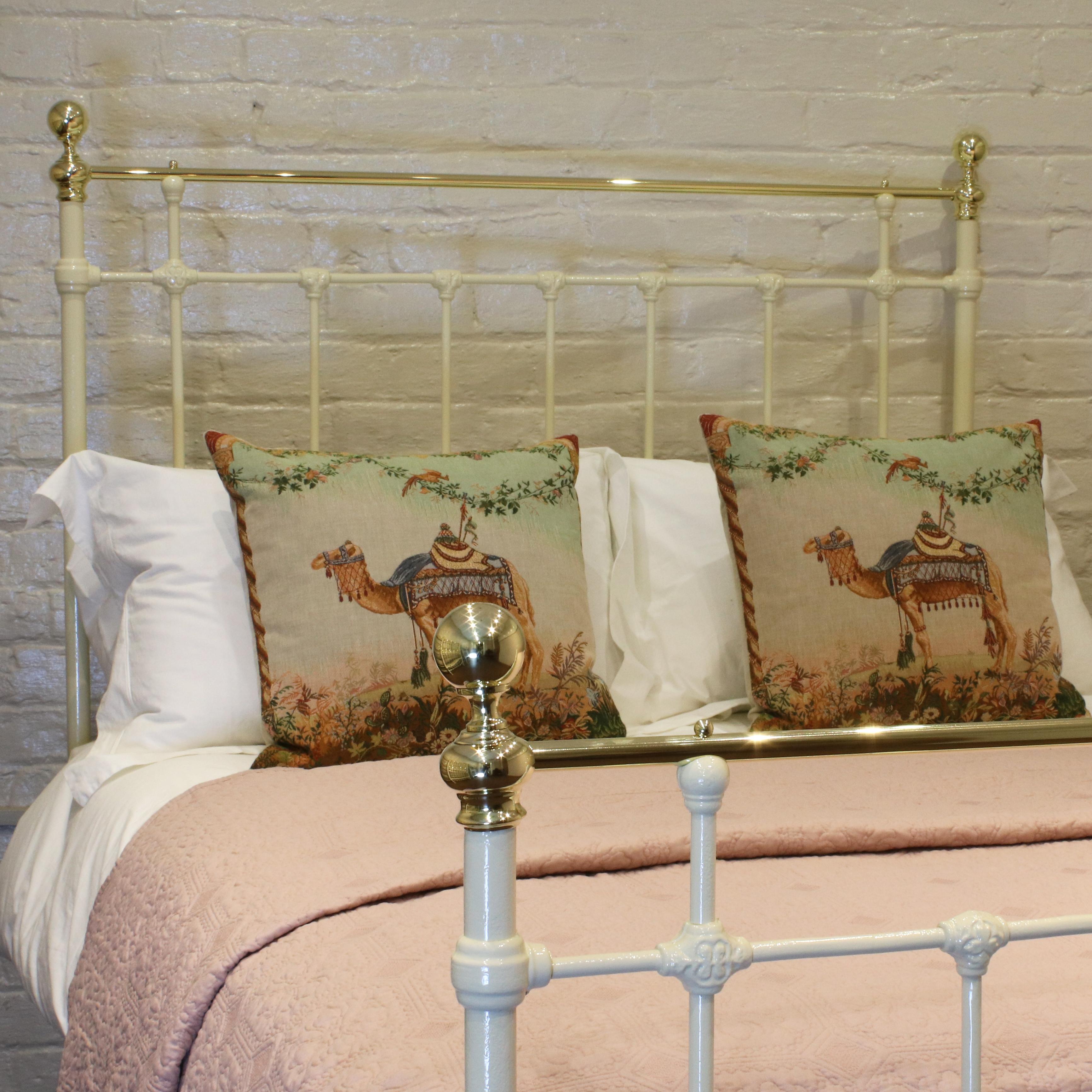 Double antique brass and iron bed in cream.

This bed accepts a double size (4ft 6in, 54 inches or 135cm) base and mattress.

The price is for the bed frame alone. The base, mattress, bedding and linen are extra and can be supplied.