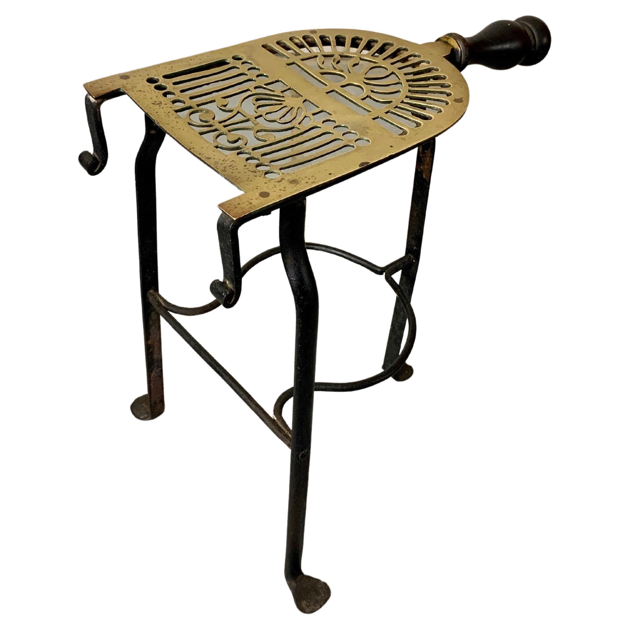 Antique Pierced Brass and Iron Fireplace Trivet For Sale